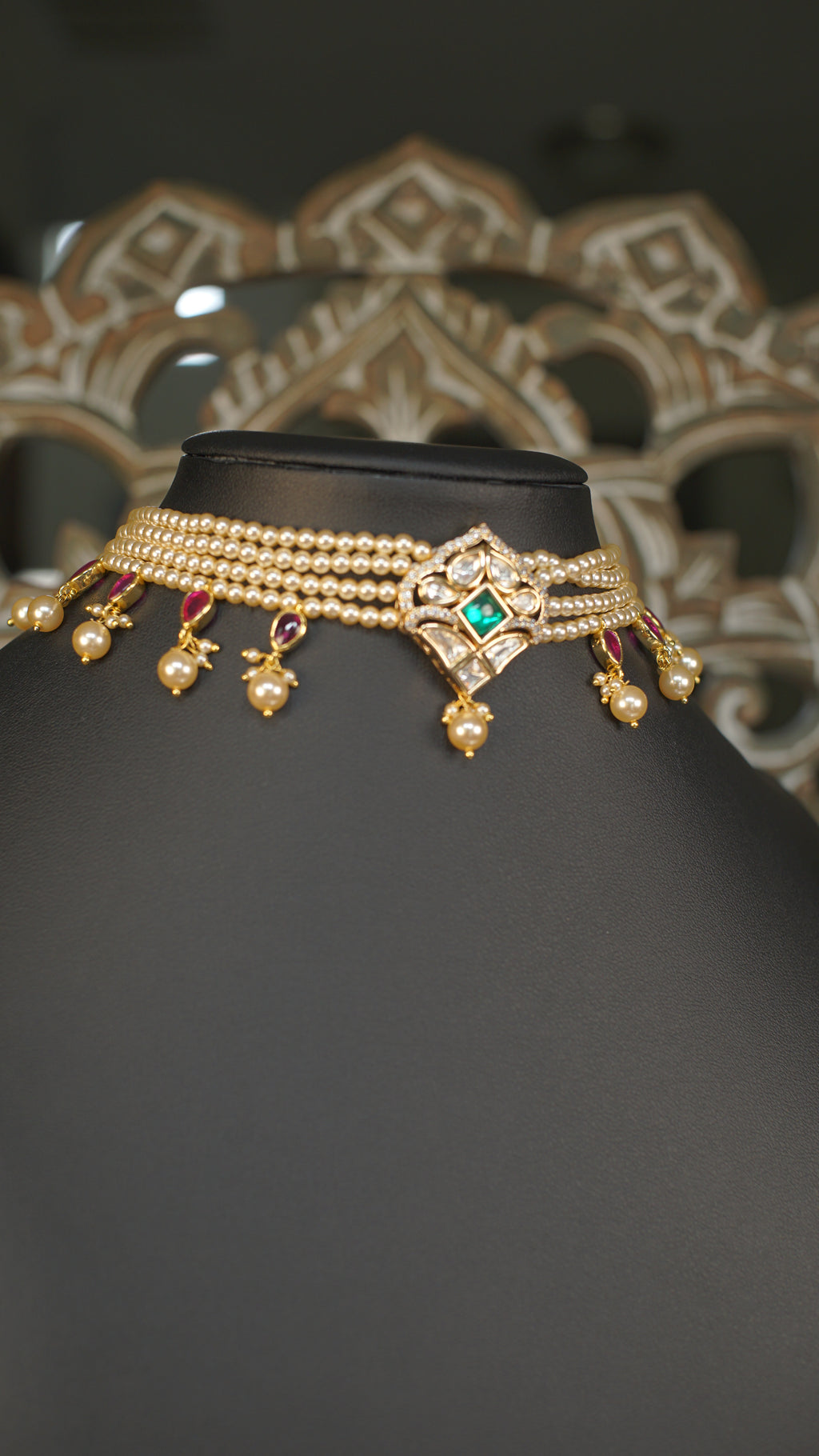 Multi Strand Pearl Polki Choker Necklace