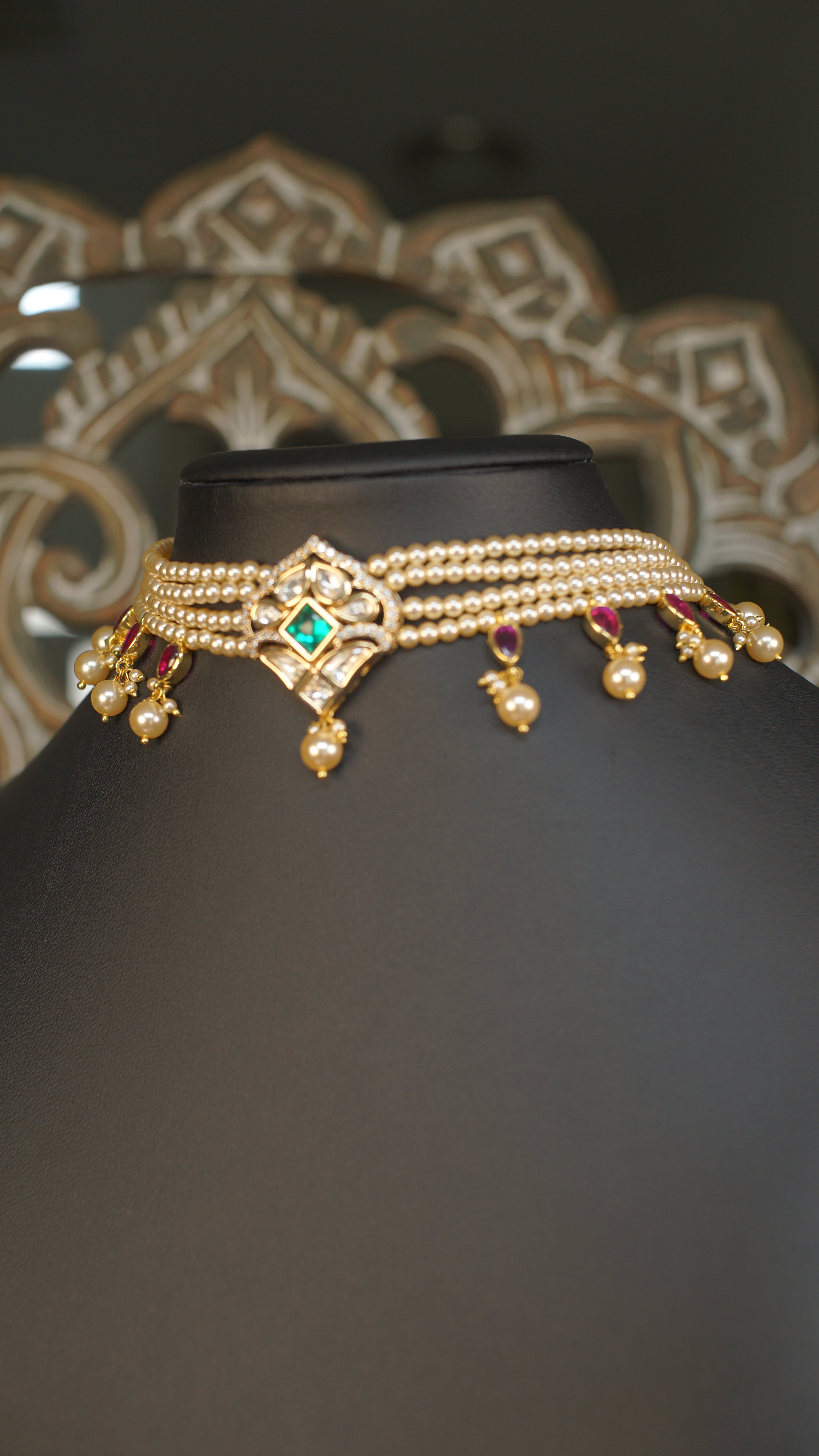 Multi Strand Pearl Polki Choker Necklace