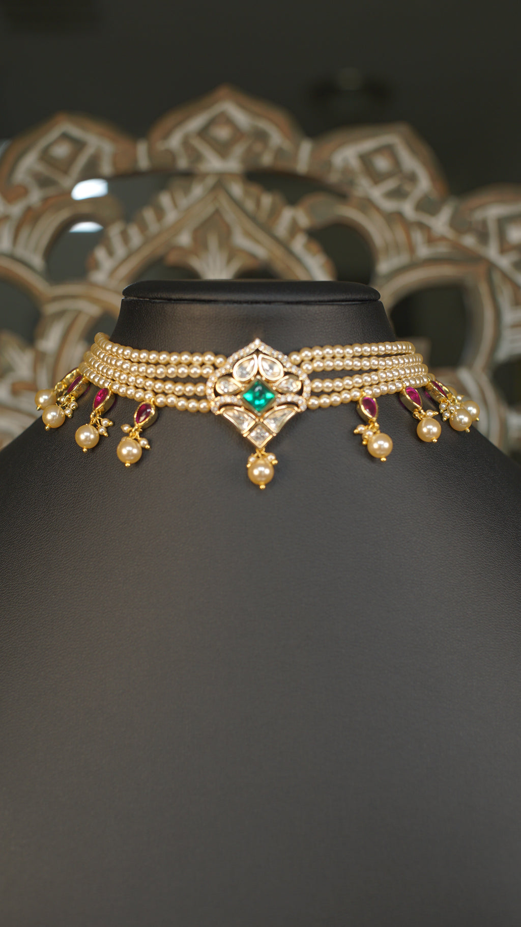 Multi Strand Pearl Polki Choker Necklace