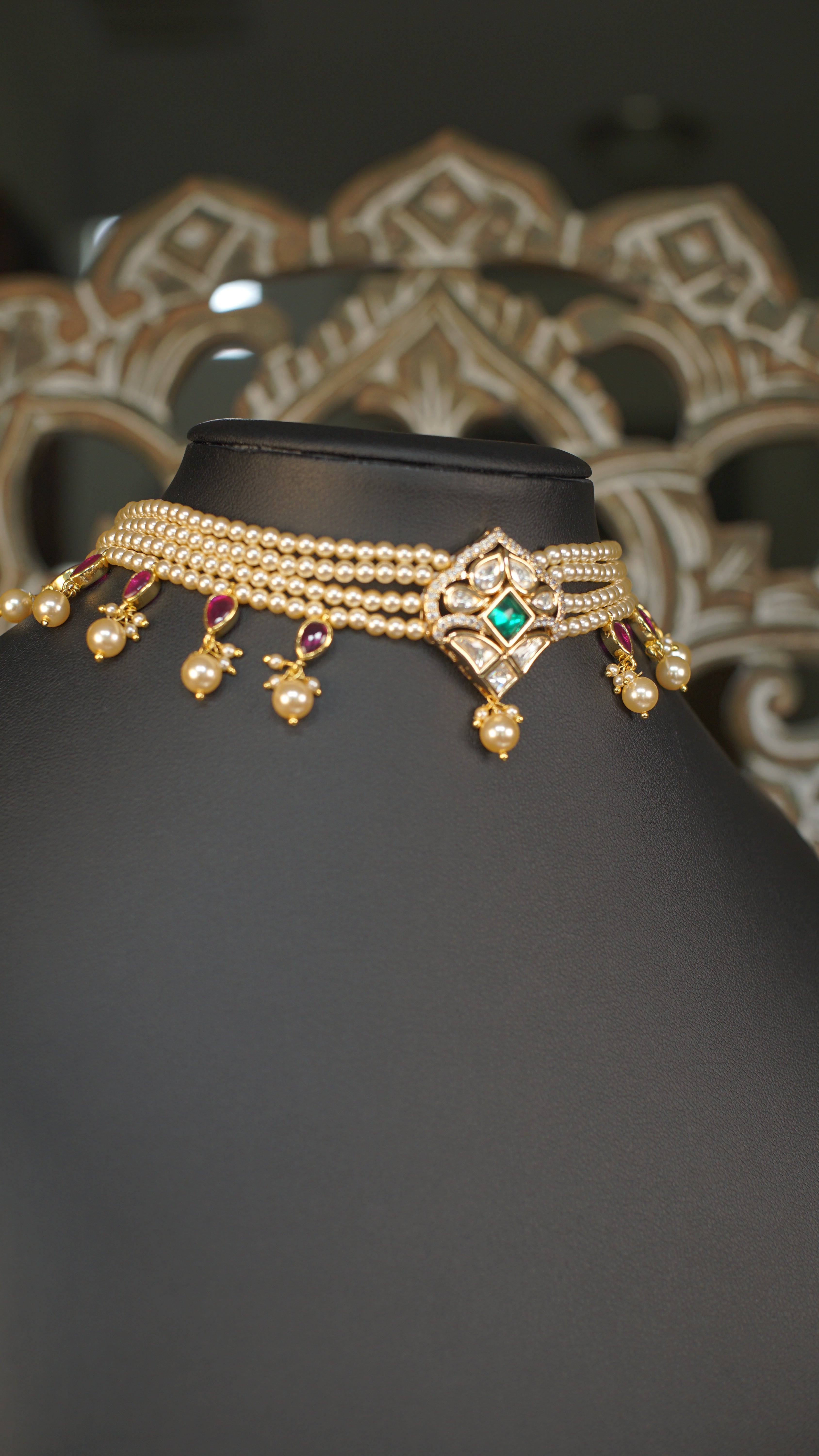 Multi Strand Pearl Polki Choker Necklace