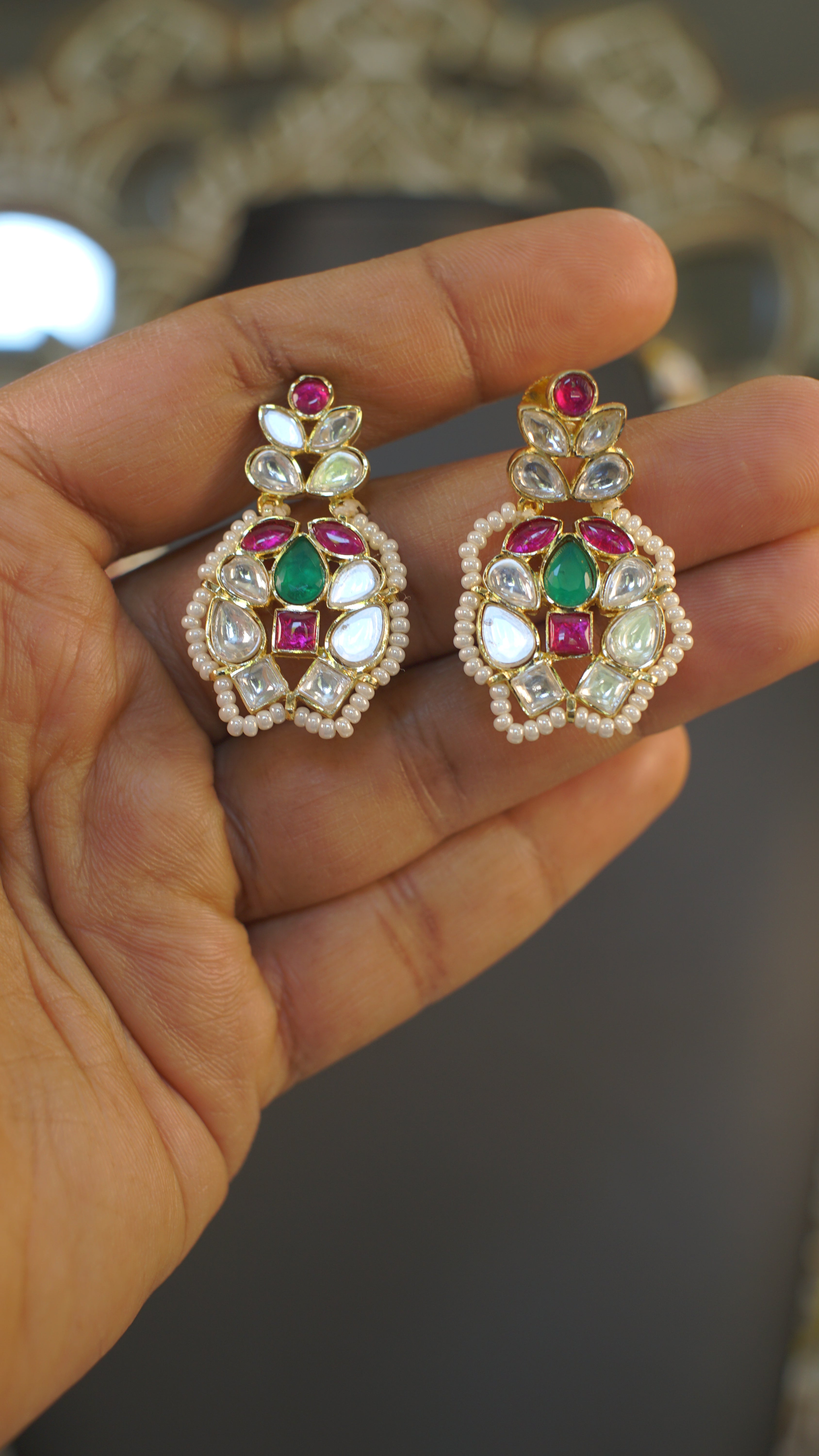 Premium Moissanite Polki Necklace Set – Ruby & Emerald Accents