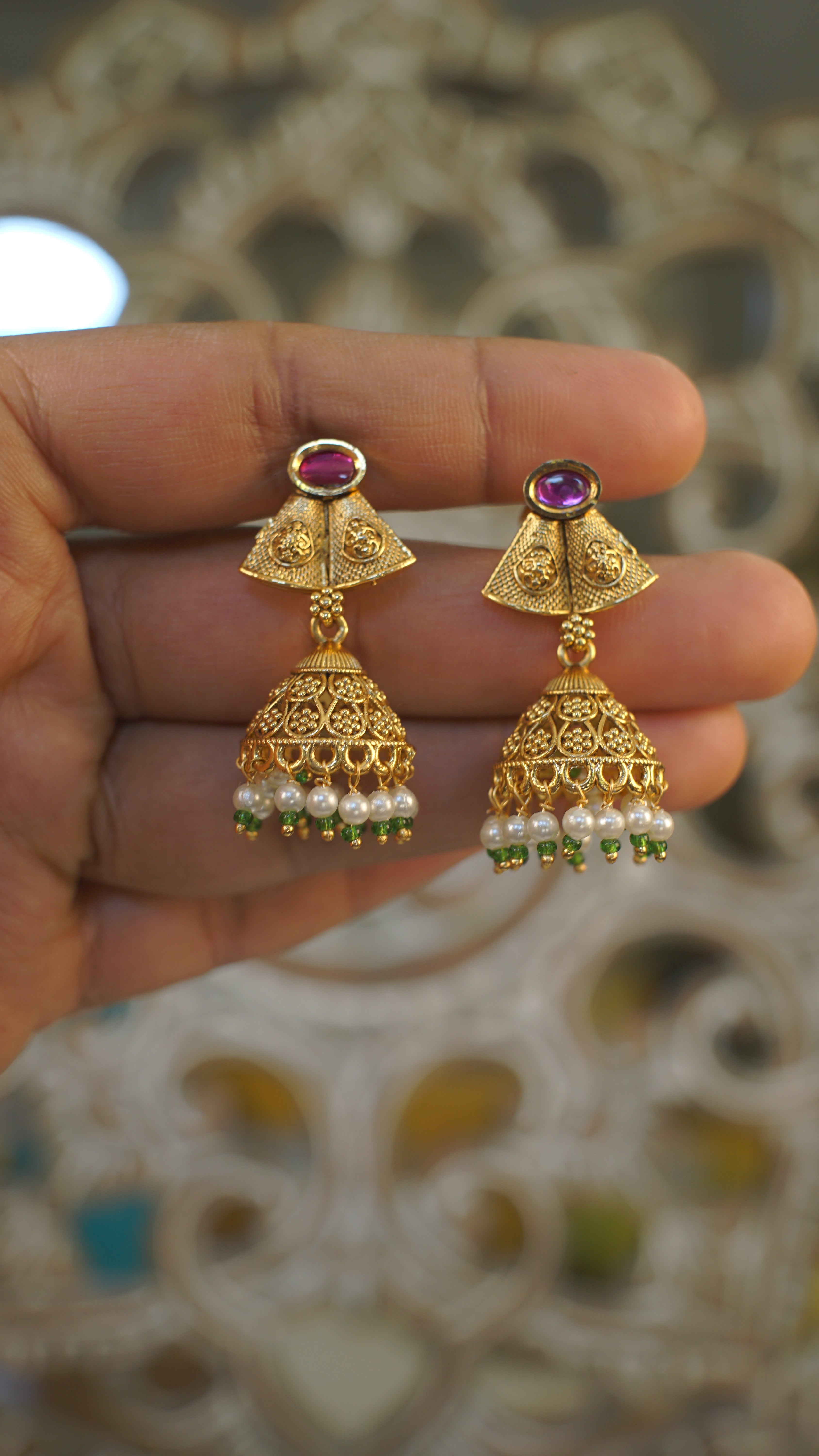 Antique Gold Green Stone Statement Necklace Set | Premium Temple Inspired Bridal Jewelry | Jhumka Earrings Included