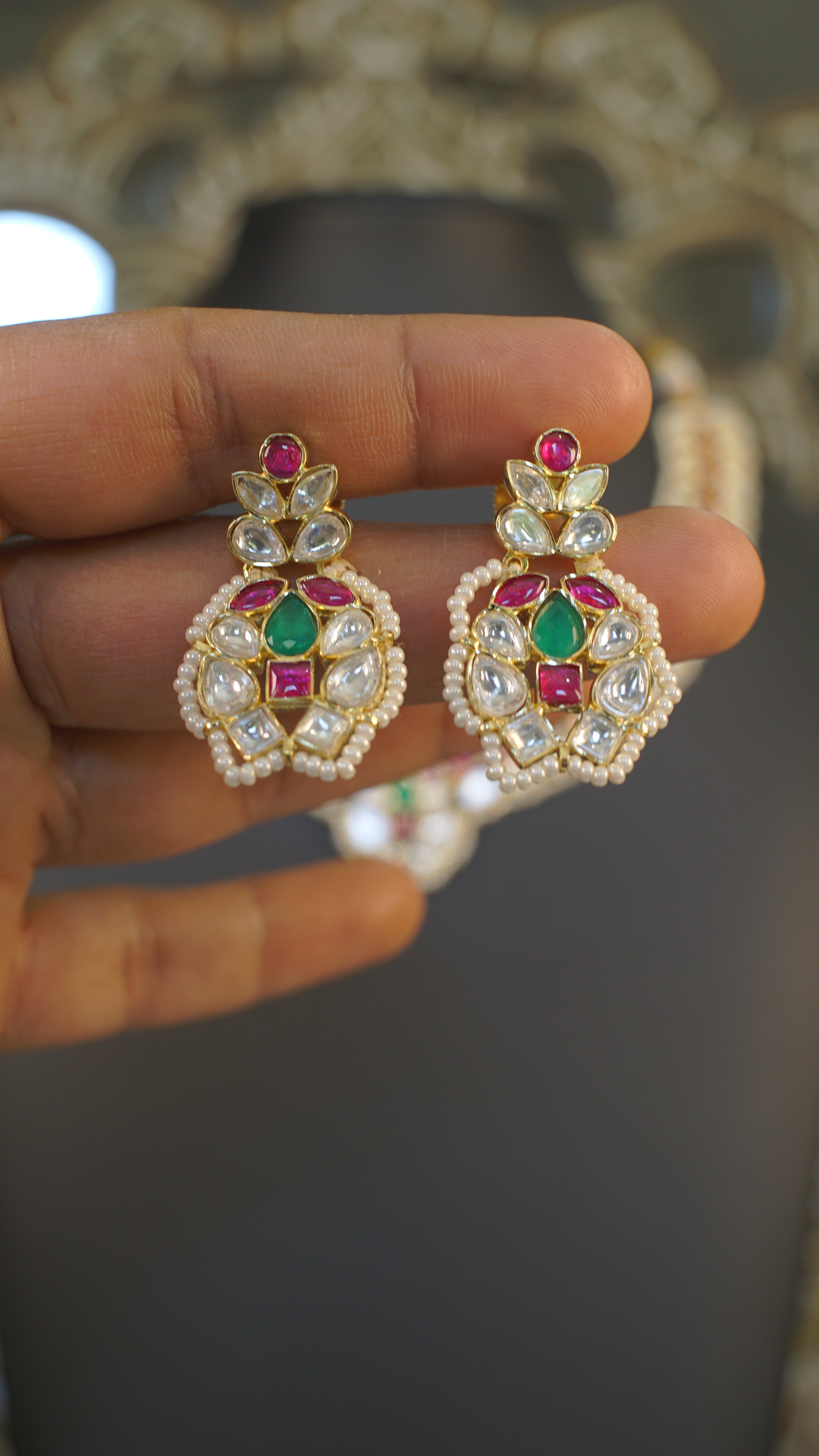 Premium Moissanite Polki Necklace Set – Ruby & Emerald Accents