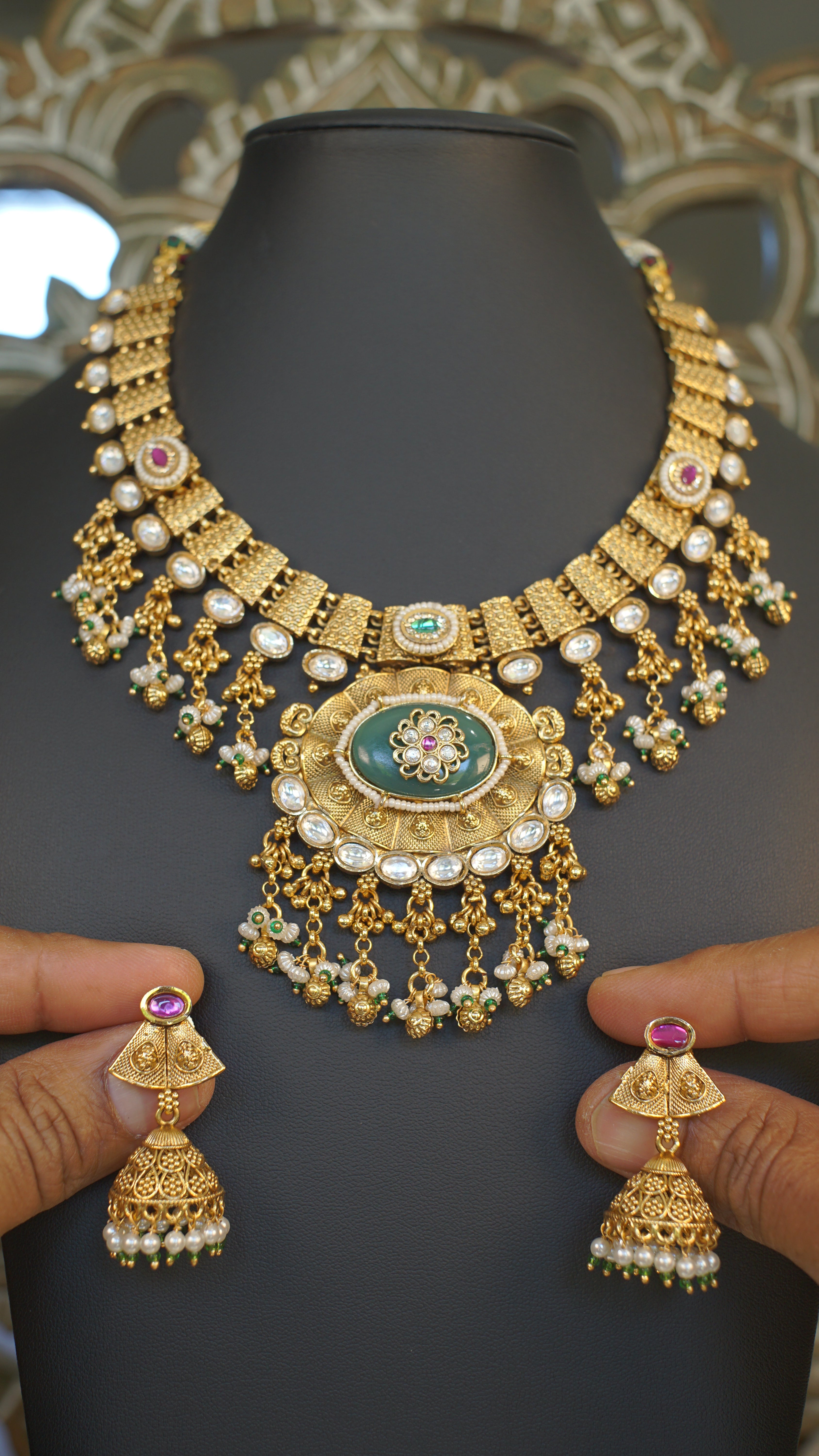 Antique Gold Green Stone Statement Necklace Set | Premium Temple Inspired Bridal Jewelry | Jhumka Earrings Included
