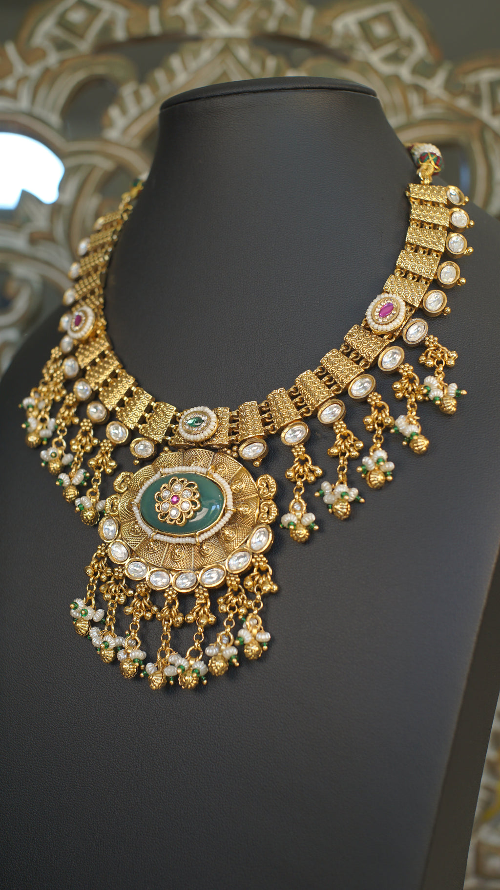 Antique Gold Green Stone Statement Necklace Set | Premium Temple Inspired Bridal Jewelry | Jhumka Earrings Included