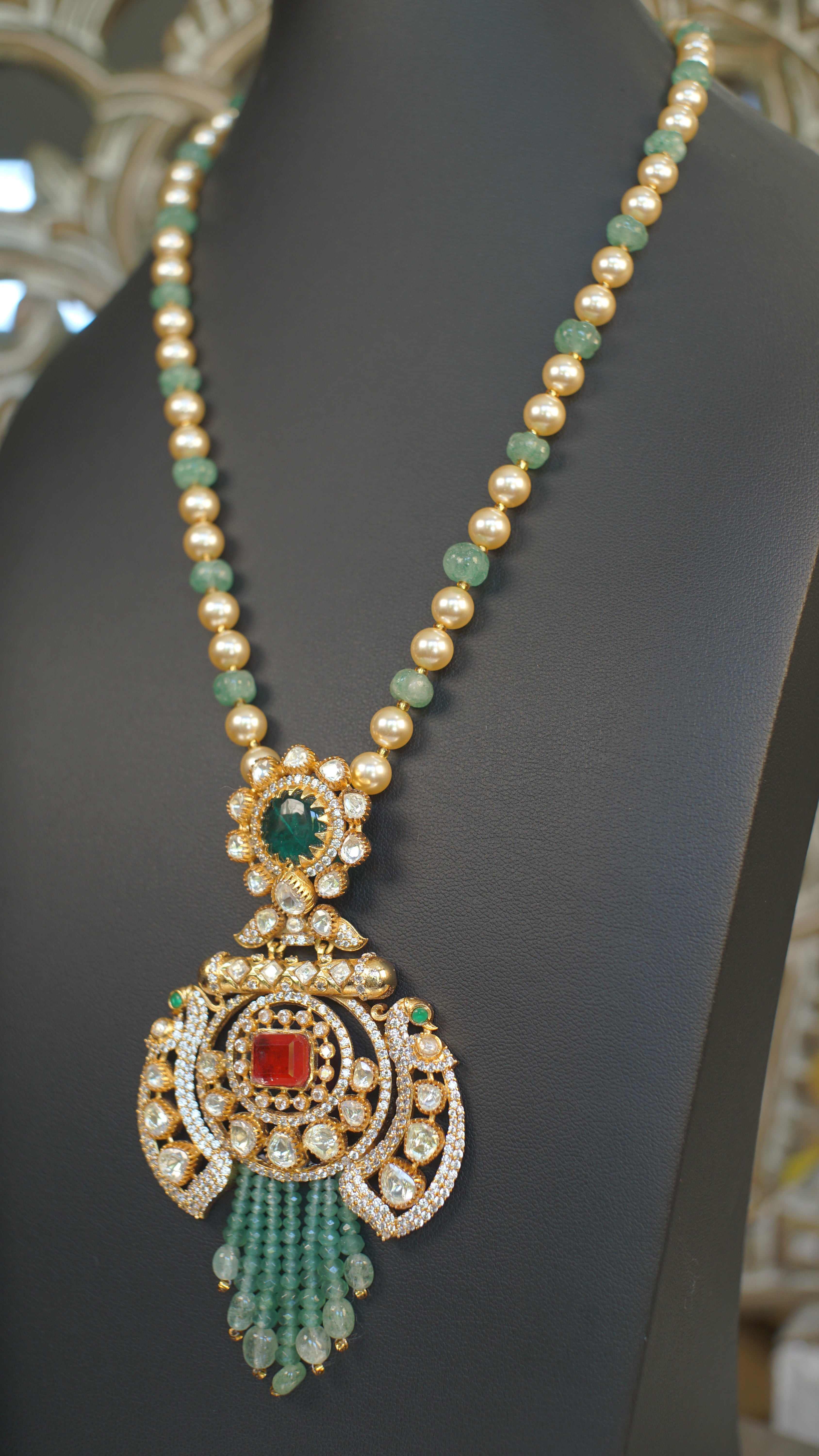 Emerald Green Moissanite Polki Bridal Necklace Set with Statement Earrings | Luxury Indian Wedding Jewelry