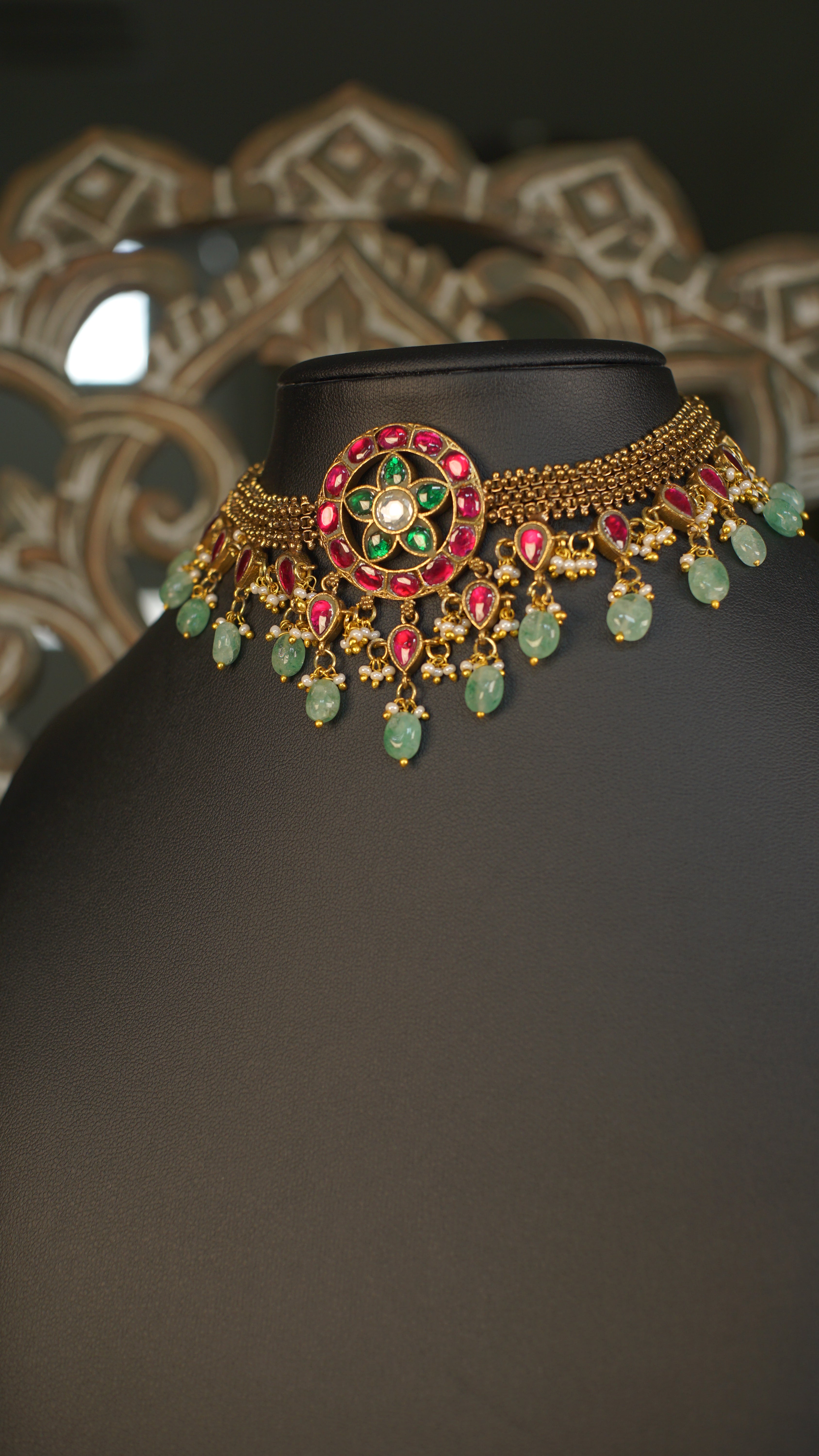 Antique Gold Jadau Choker Necklace with Ruby & Green Stones