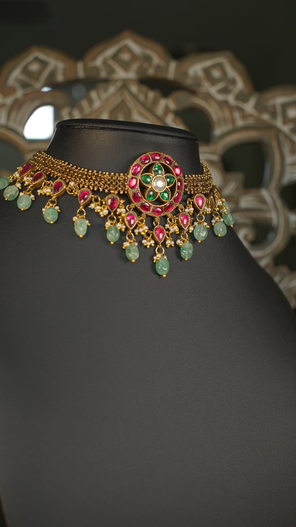 Antique Gold Jadau Choker Necklace with Ruby & Green Stones