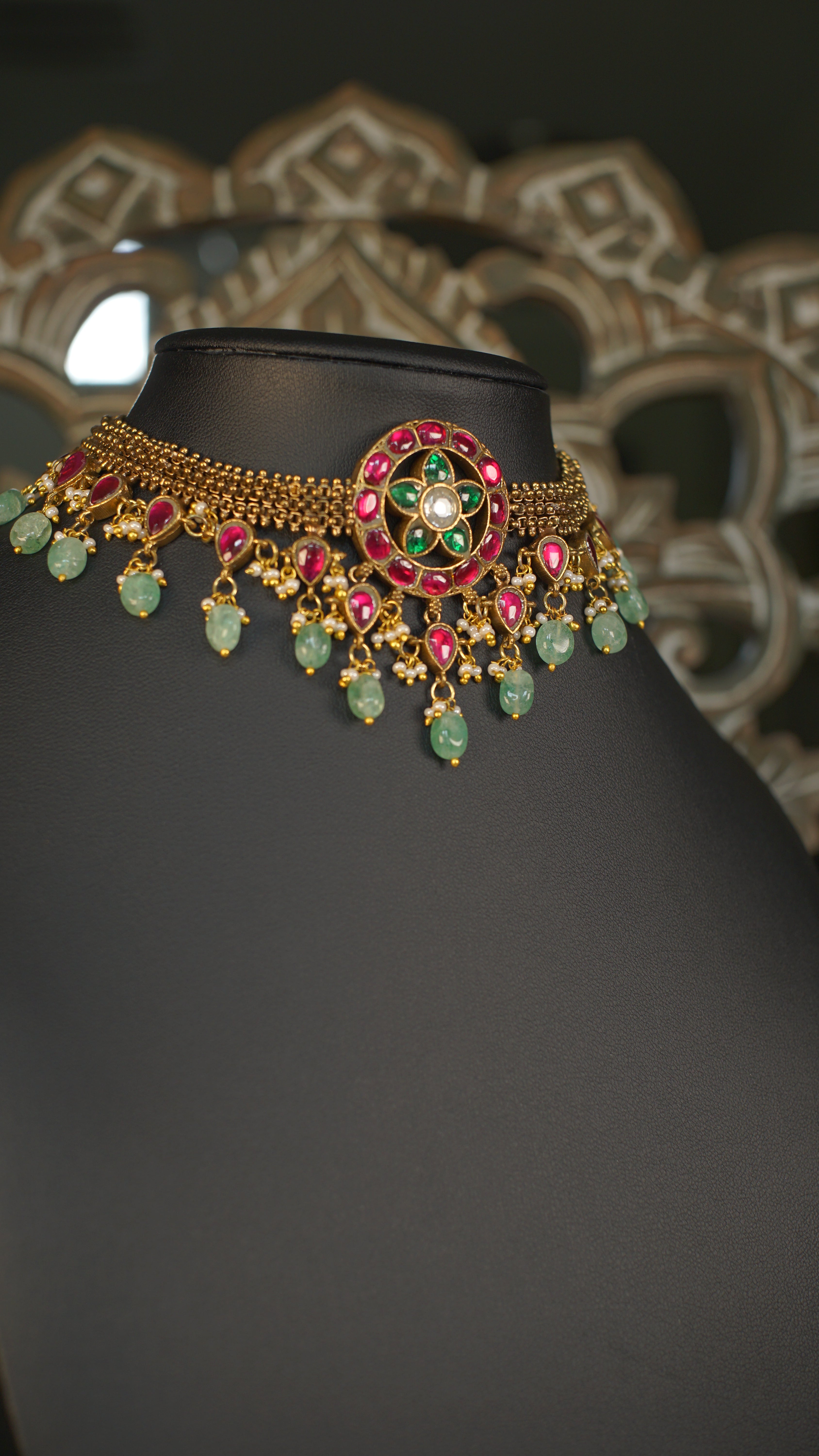 Antique Gold Jadau Choker Necklace with Ruby & Green Stones