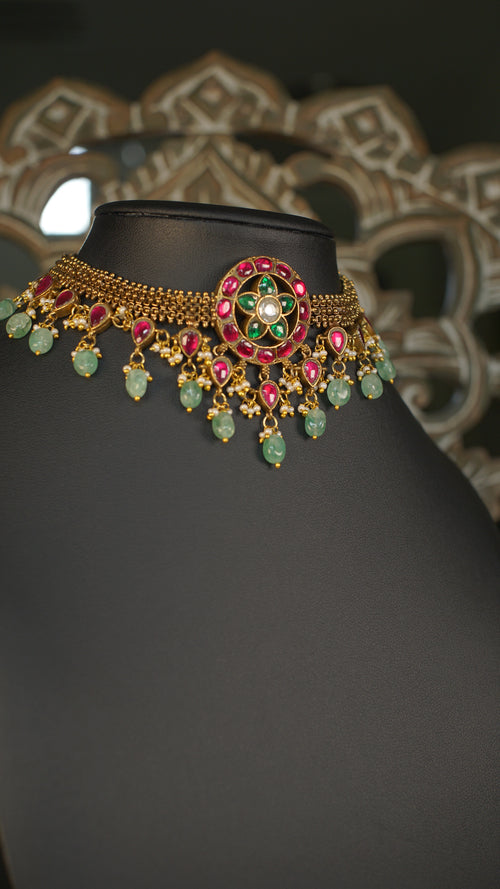 Antique Gold Jadau Choker Necklace with Ruby & Green Stones
