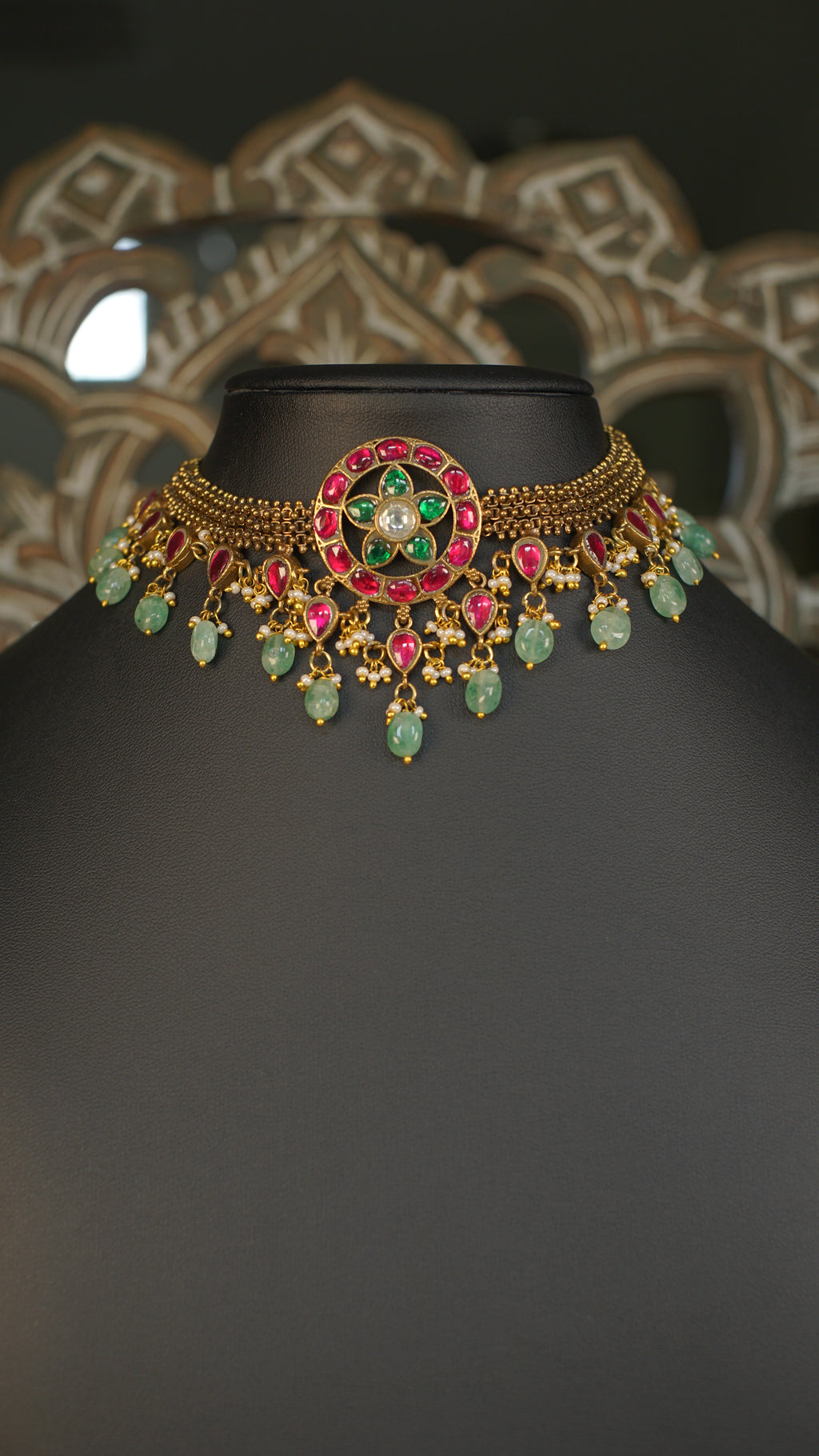 Antique Gold Jadau Choker Necklace with Ruby & Green Stones