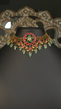 Antique Gold Jadau Choker Necklace with Ruby & Green Stones