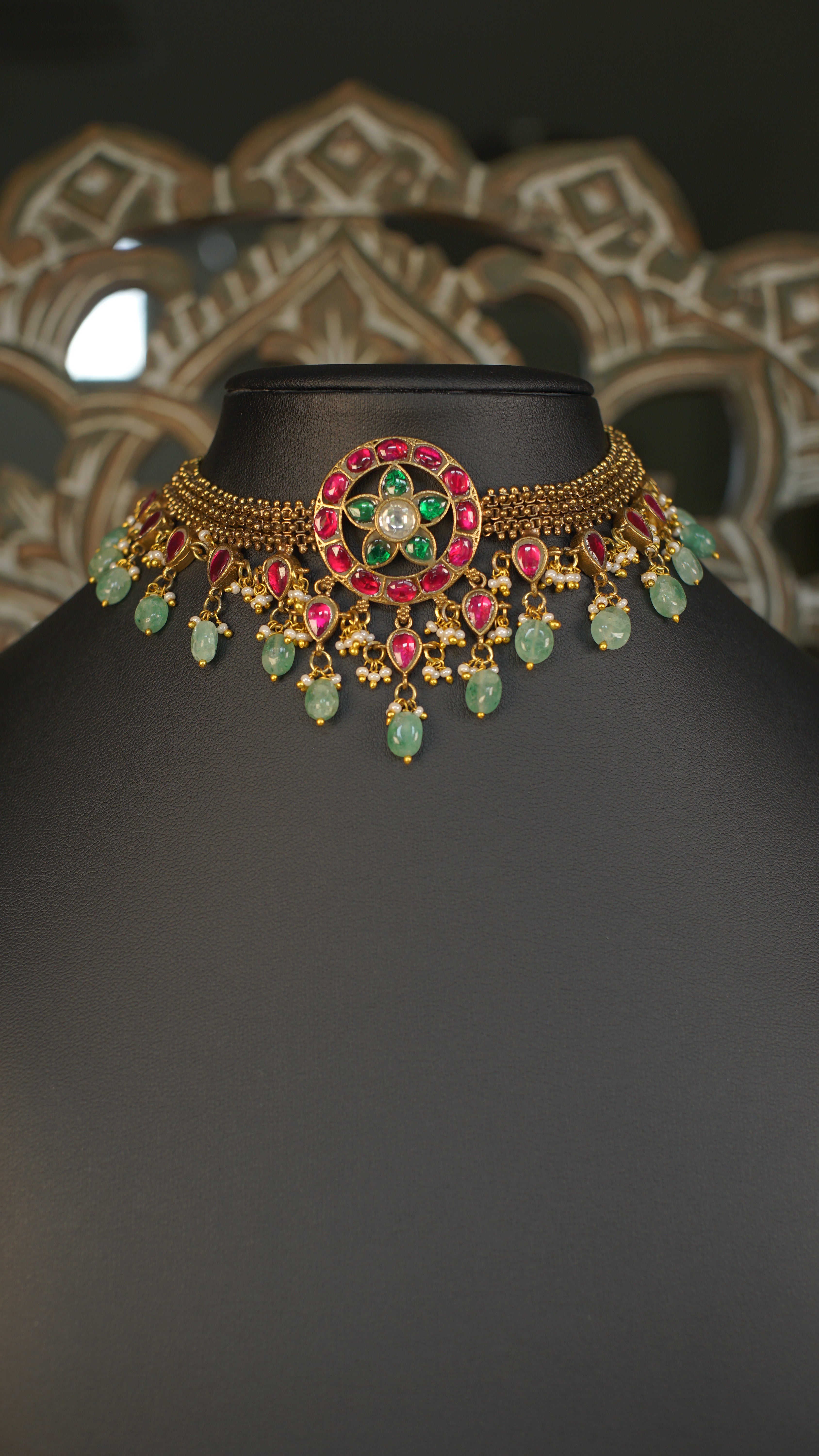 Antique Gold Jadau Choker Necklace with Ruby & Green Stones