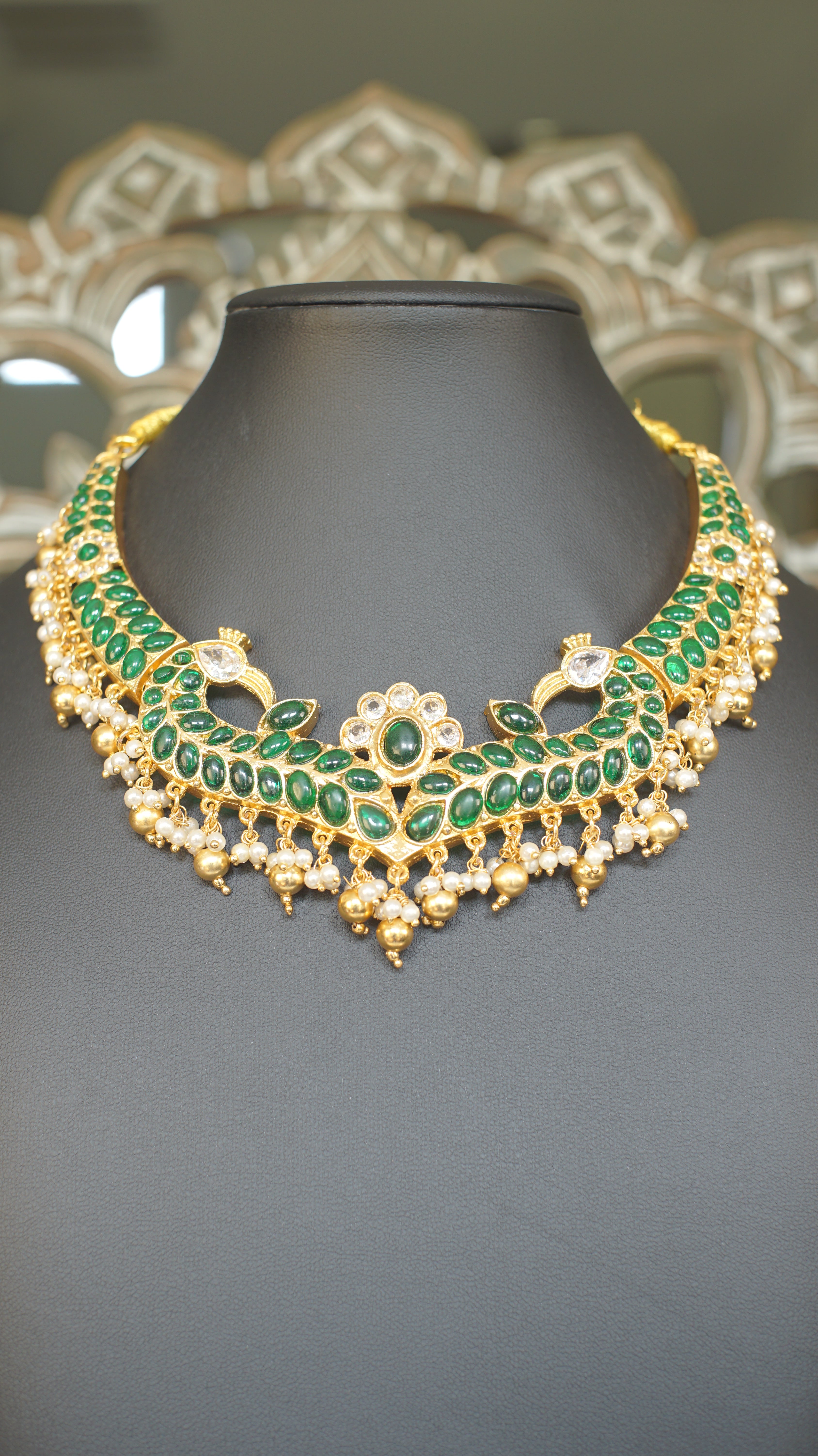 Emerald Green Kundan Choker Set with Pearl Drops