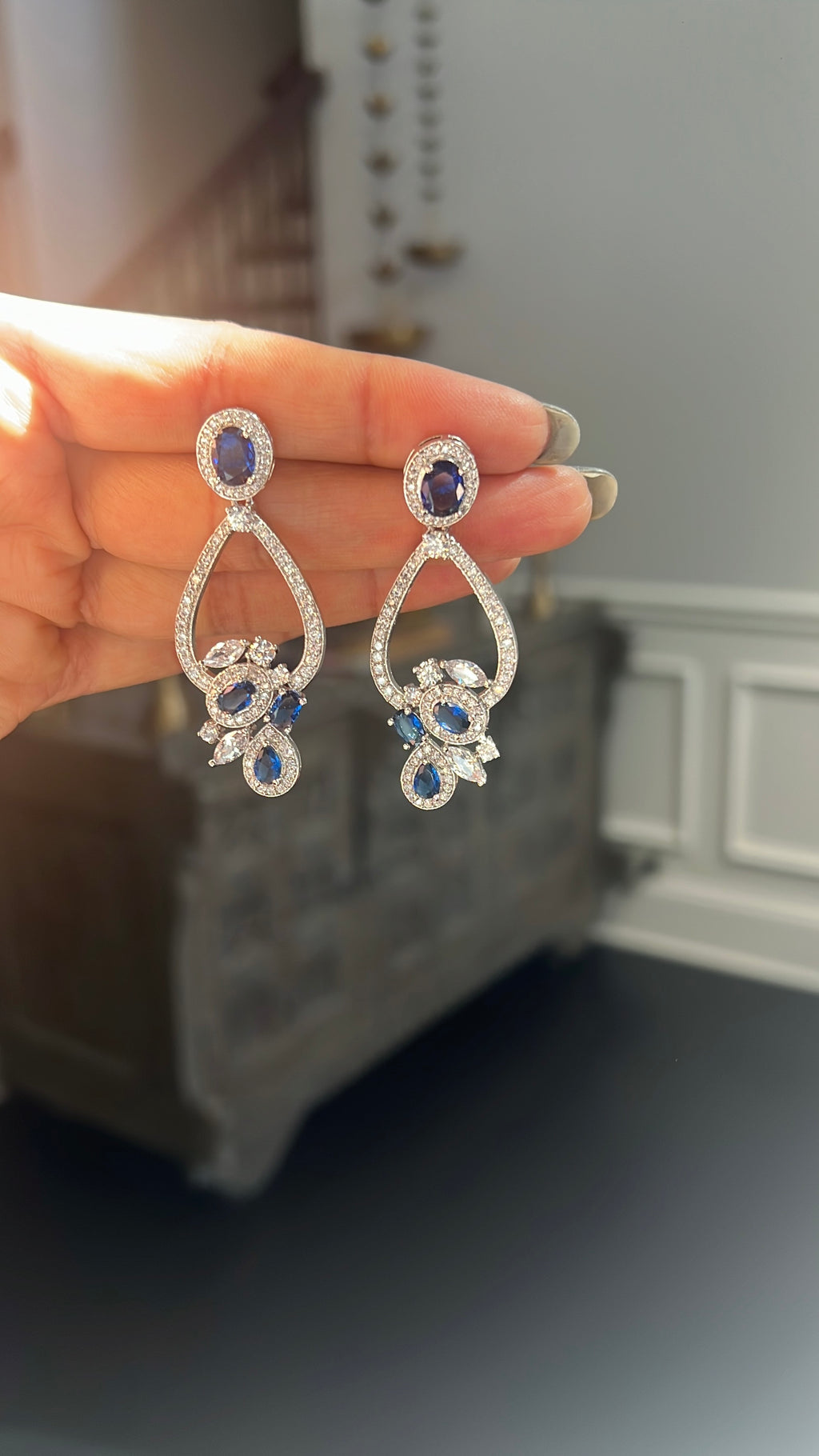 Sapphire Blue CZ Floral Drop Earrings