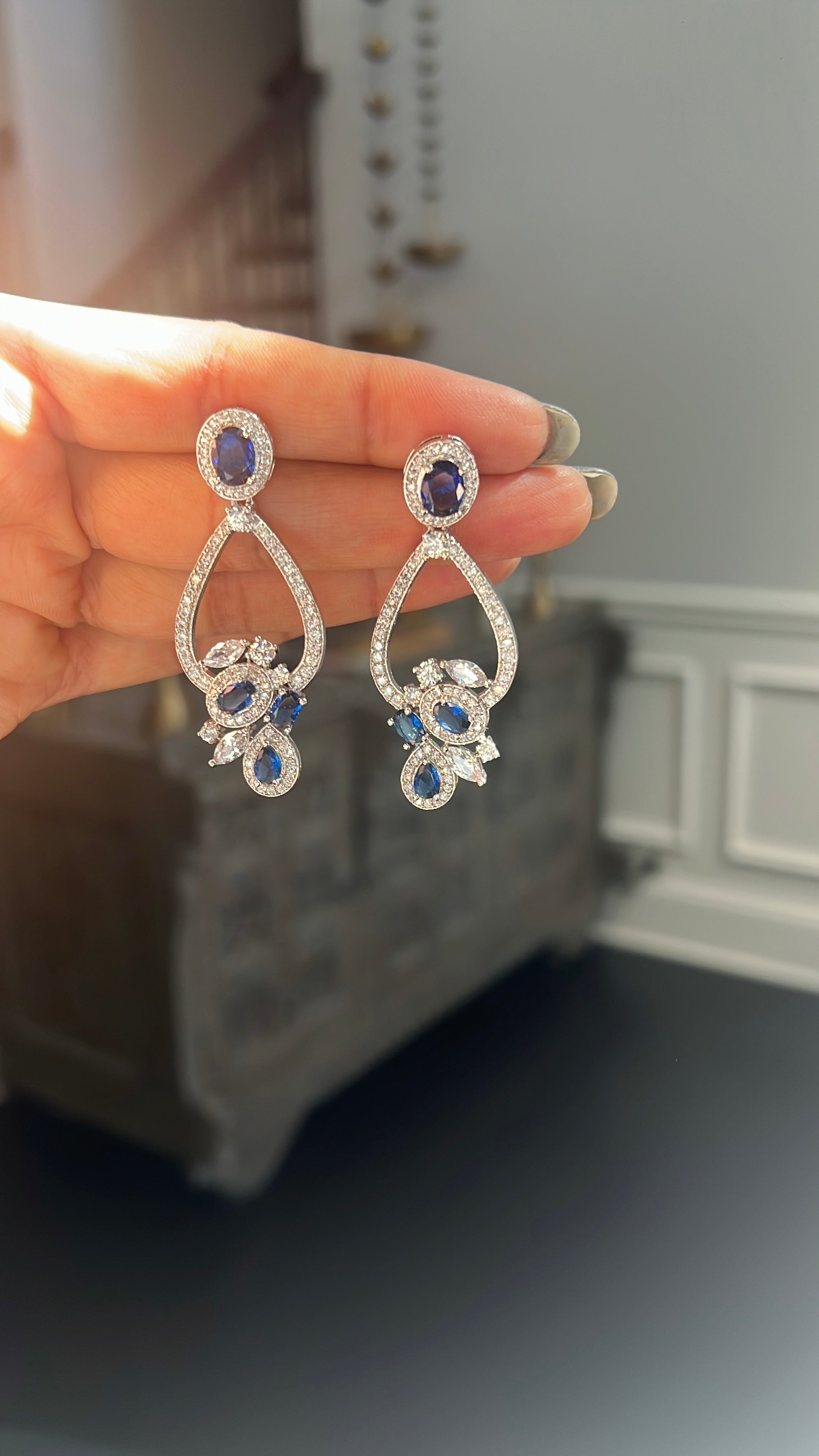 Sapphire Blue CZ Floral Drop Earrings