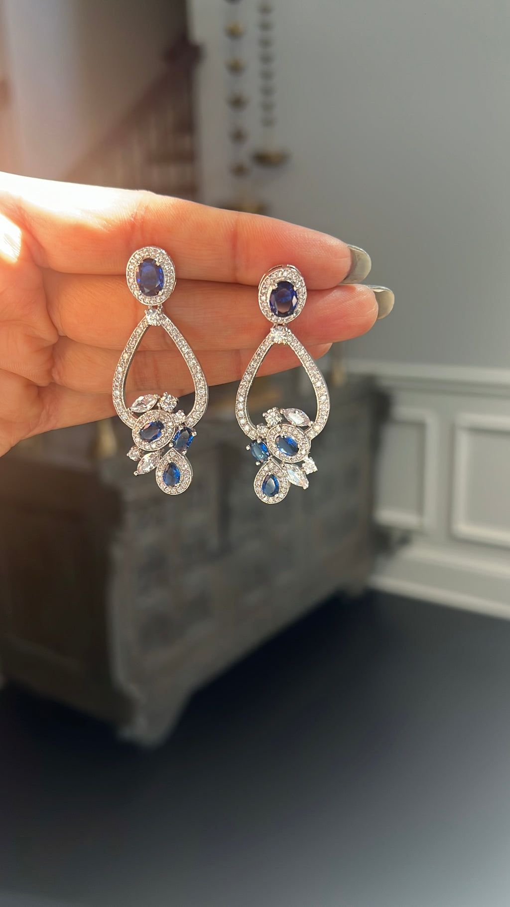 Sapphire Blue CZ Floral Drop Earrings