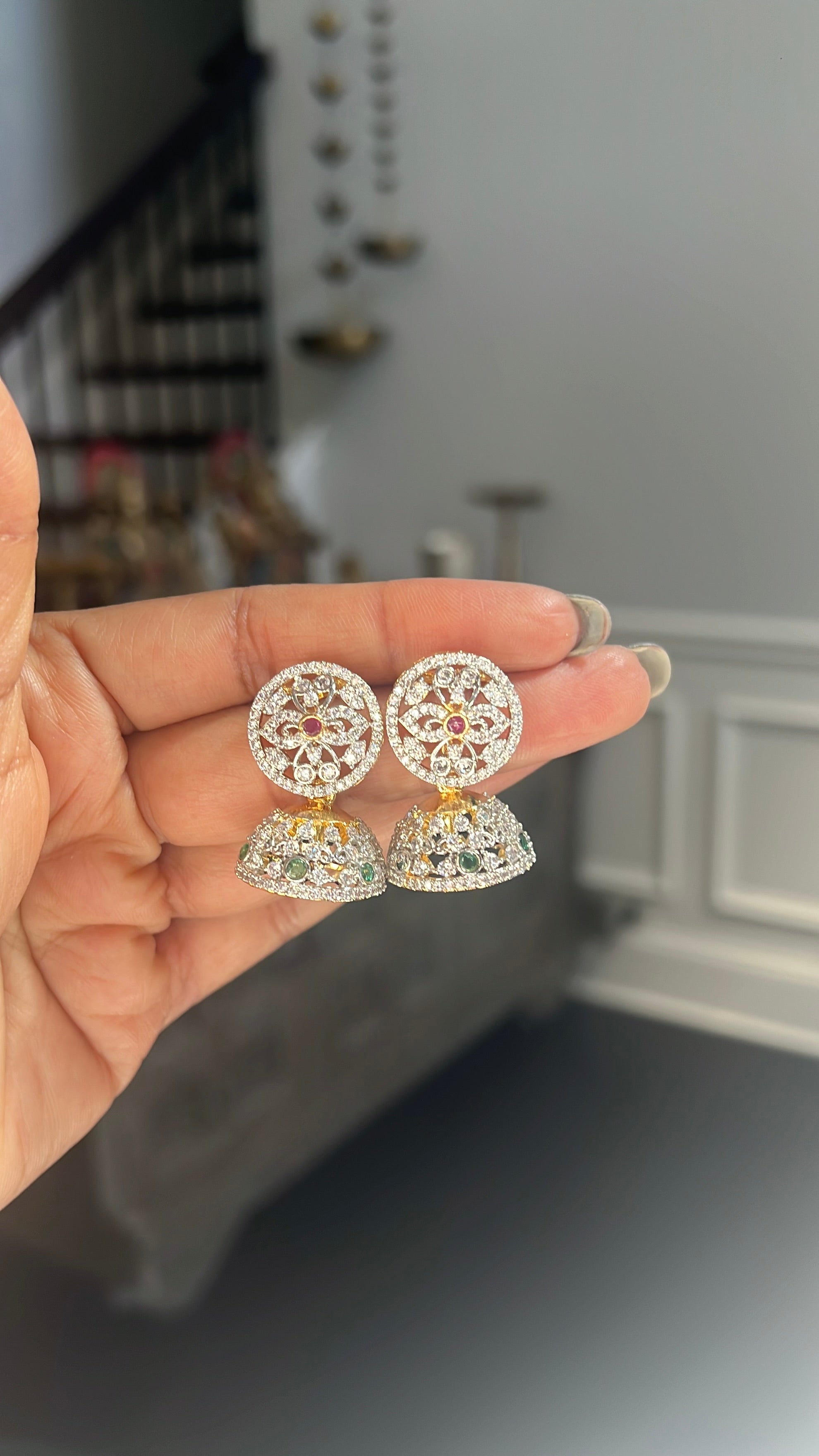 CZ Floral Dome Jhumka Stud Earrings