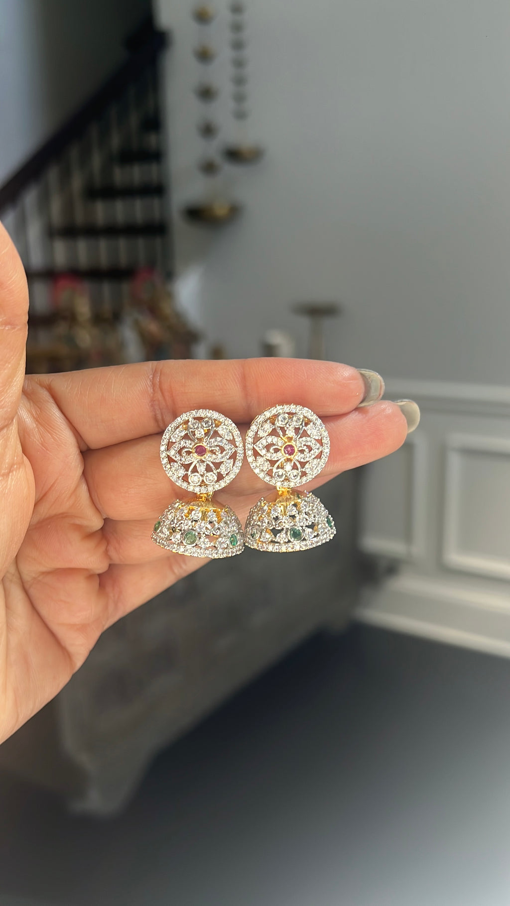CZ Floral Dome Jhumka Stud Earrings
