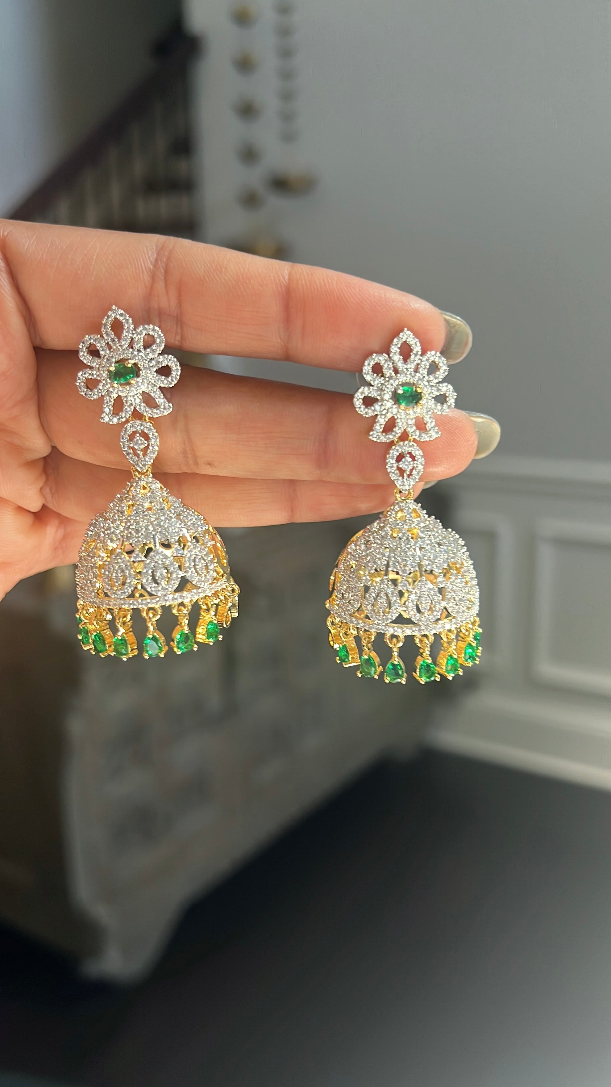 Emerald Green Floral CZ Jhumka Earrings