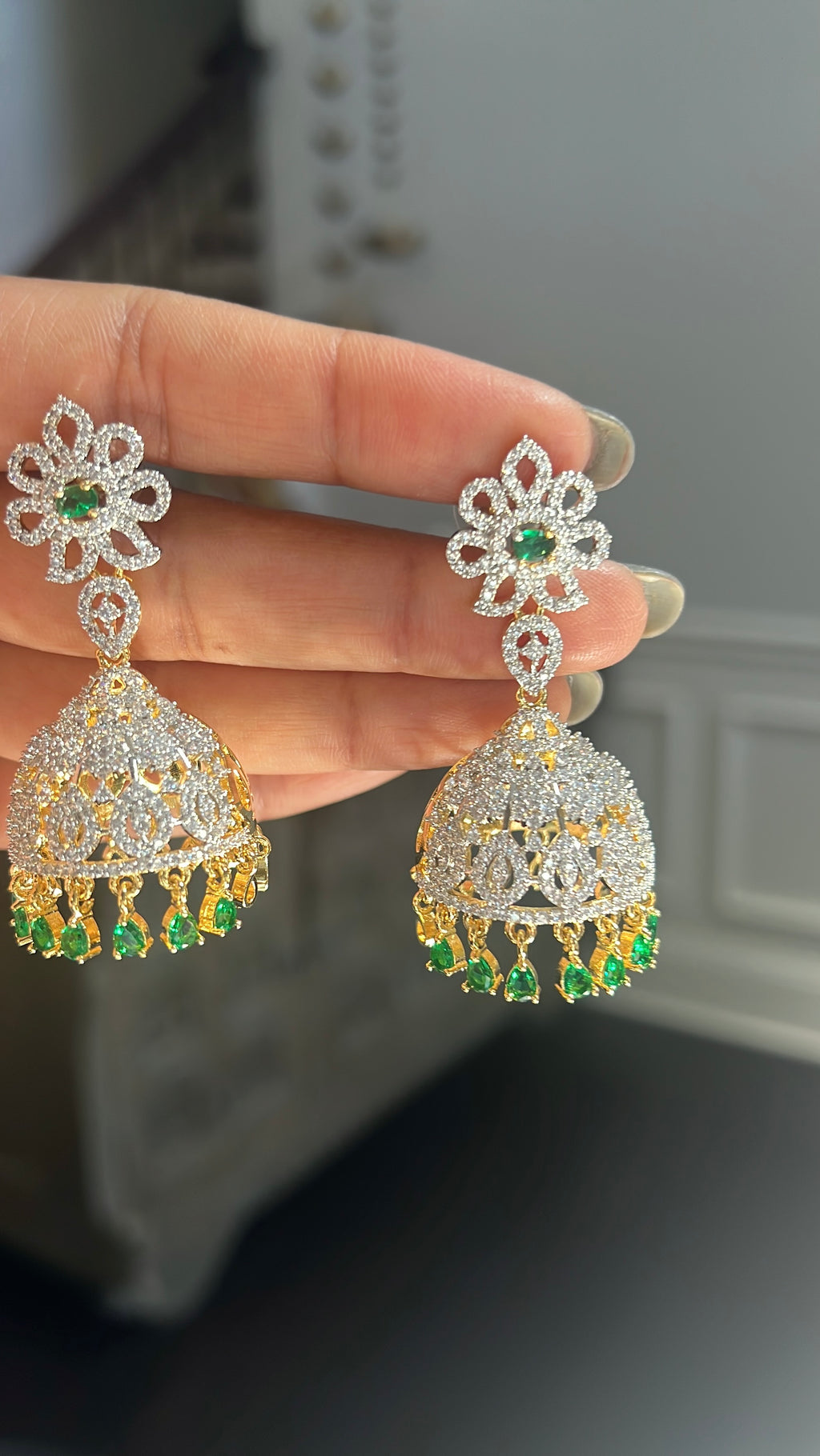 Emerald Green Floral CZ Jhumka Earrings