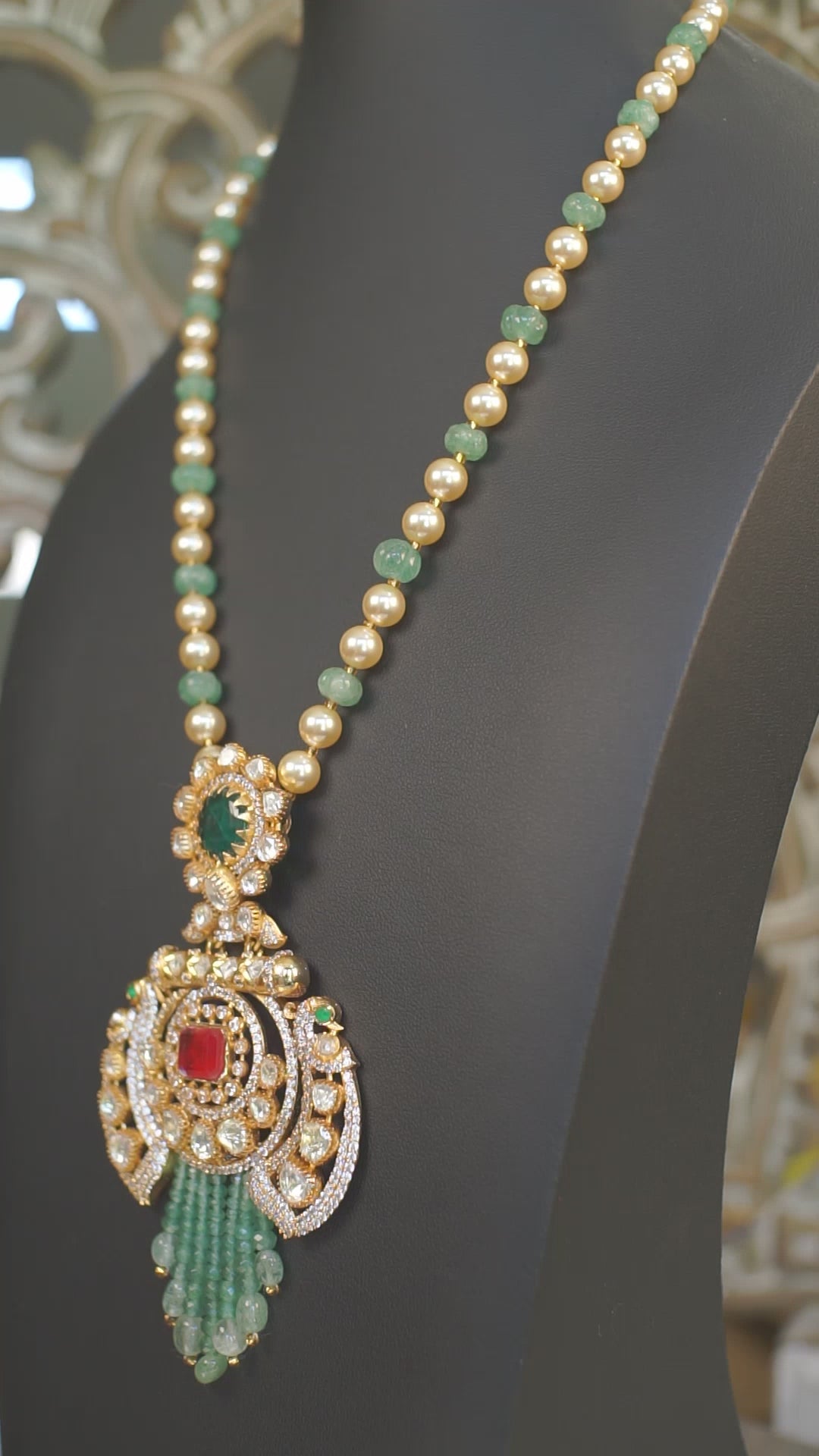 Emerald Green Moissanite Polki Bridal Necklace Set with Statement Earrings | Luxury Indian Wedding Jewelry