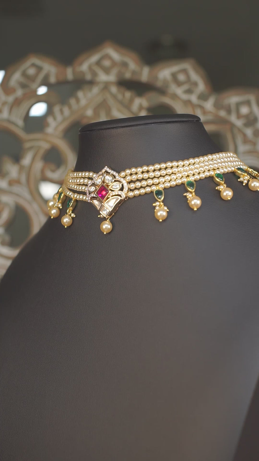 Multi Strand Pearl Polki Choker Necklace
