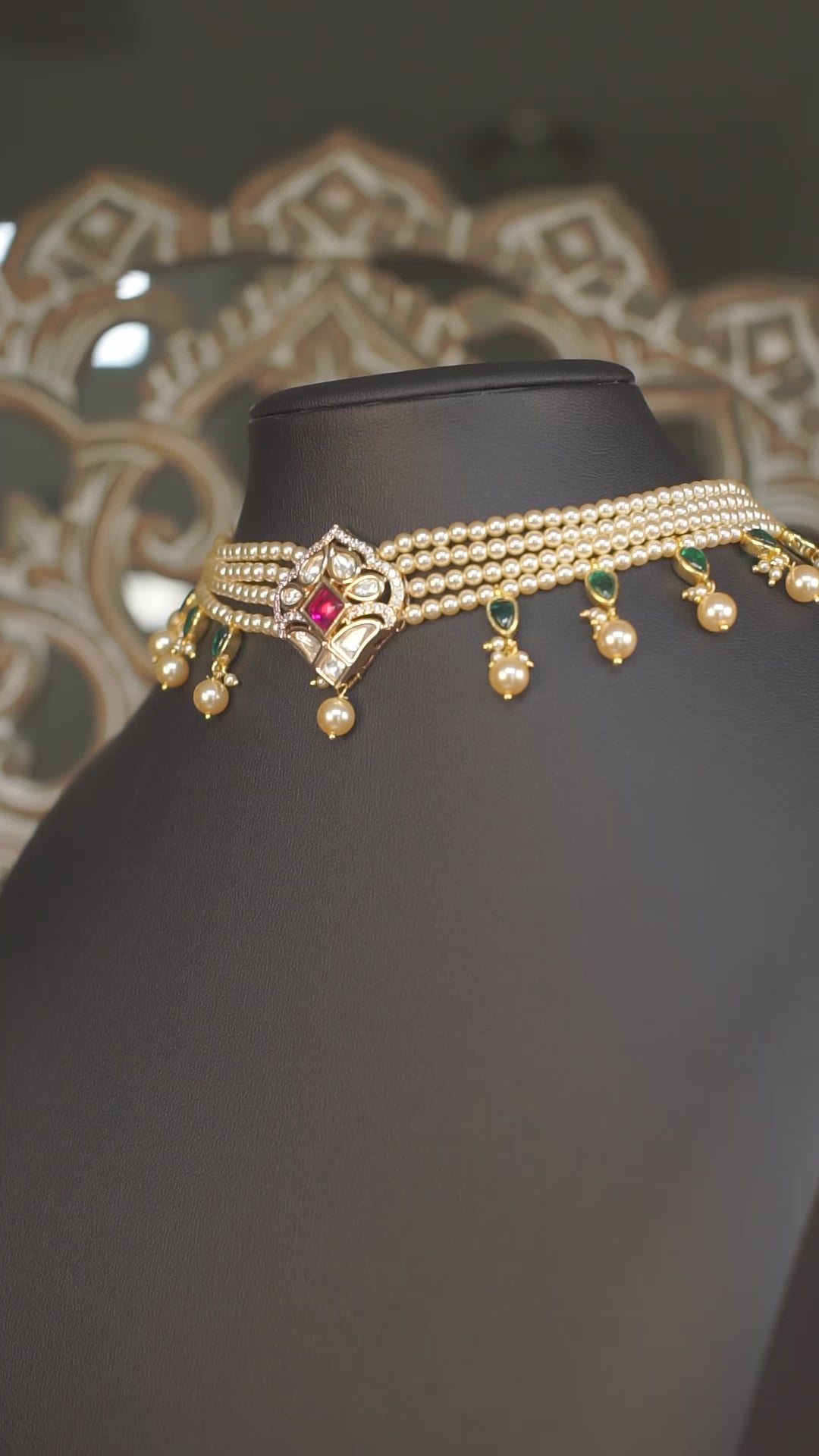 Multi Strand Pearl Polki Choker Necklace