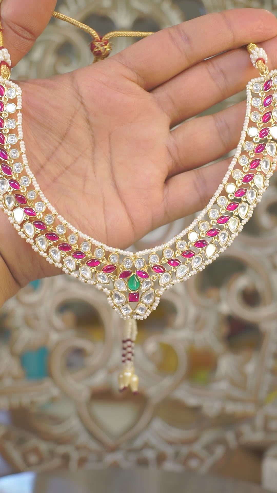 Premium Moissanite Polki Necklace Set – Ruby & Emerald Accents