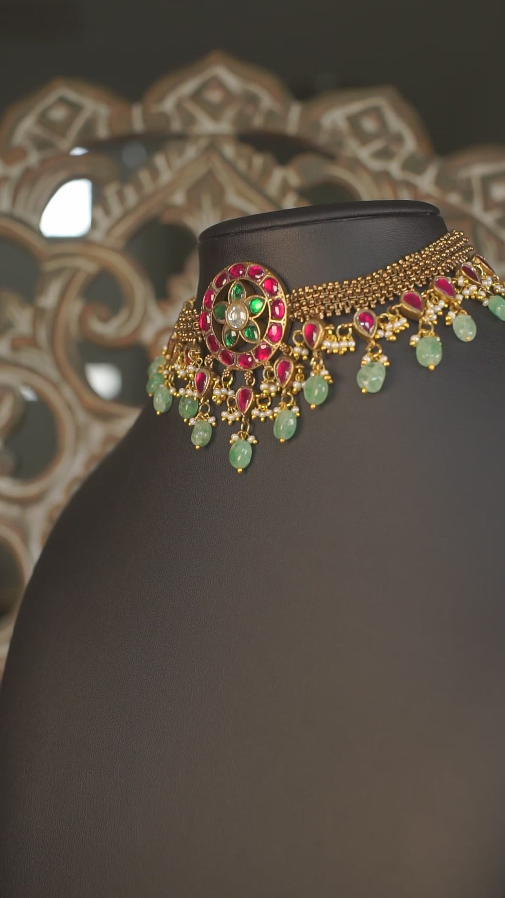 Antique Gold Jadau Choker Necklace with Ruby & Green Stones