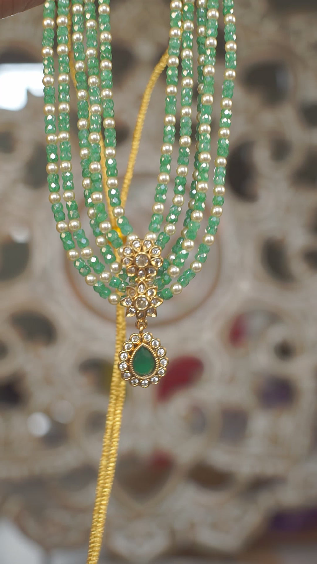 Multi Layer Green Beaded Polki Kundan Necklace Set