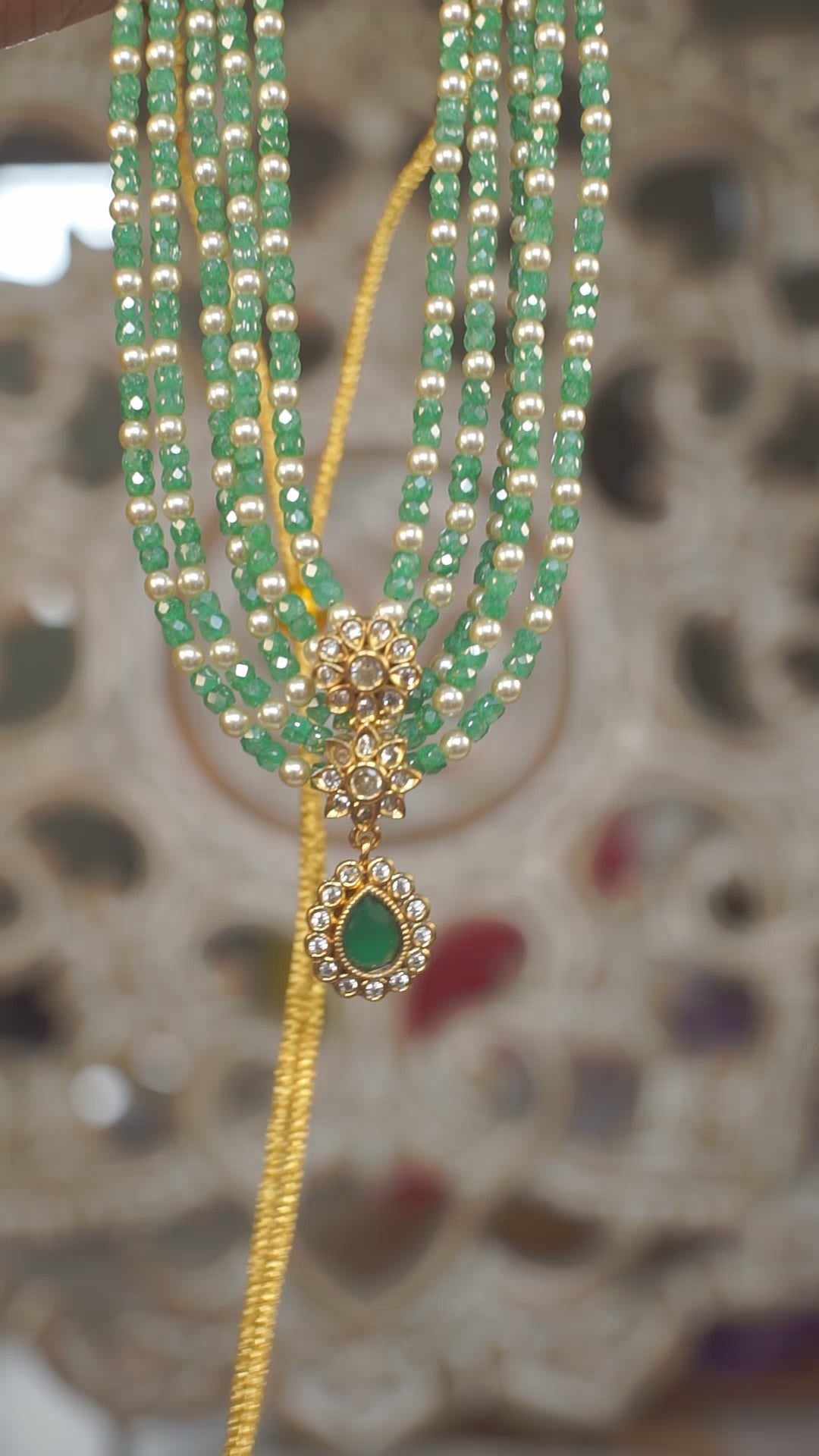 Multi Layer Green Beaded Polki Kundan Necklace Set