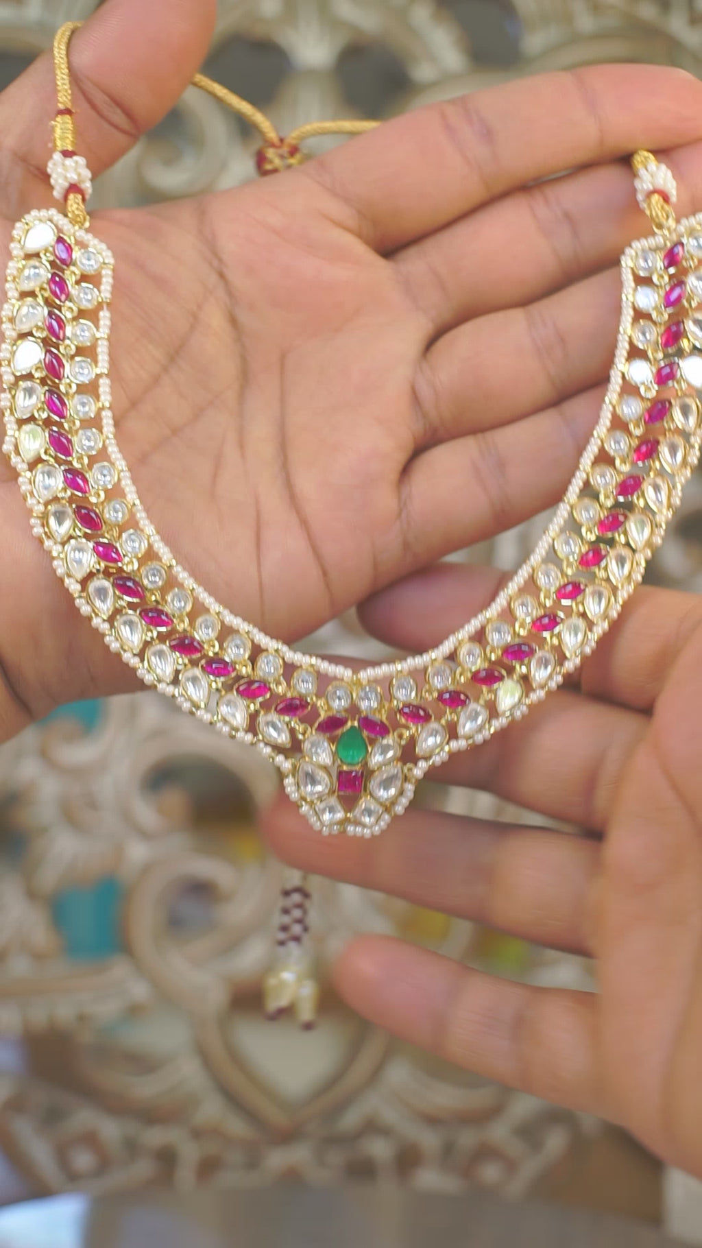 Premium Moissanite Polki Necklace Set – Ruby & Emerald Accents