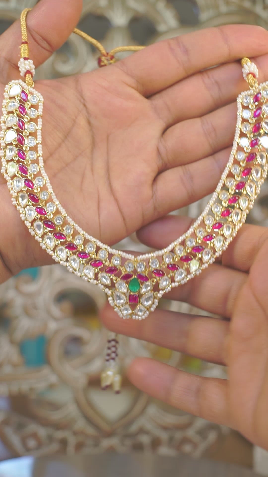 Premium Moissanite Polki Necklace Set – Ruby & Emerald Accents