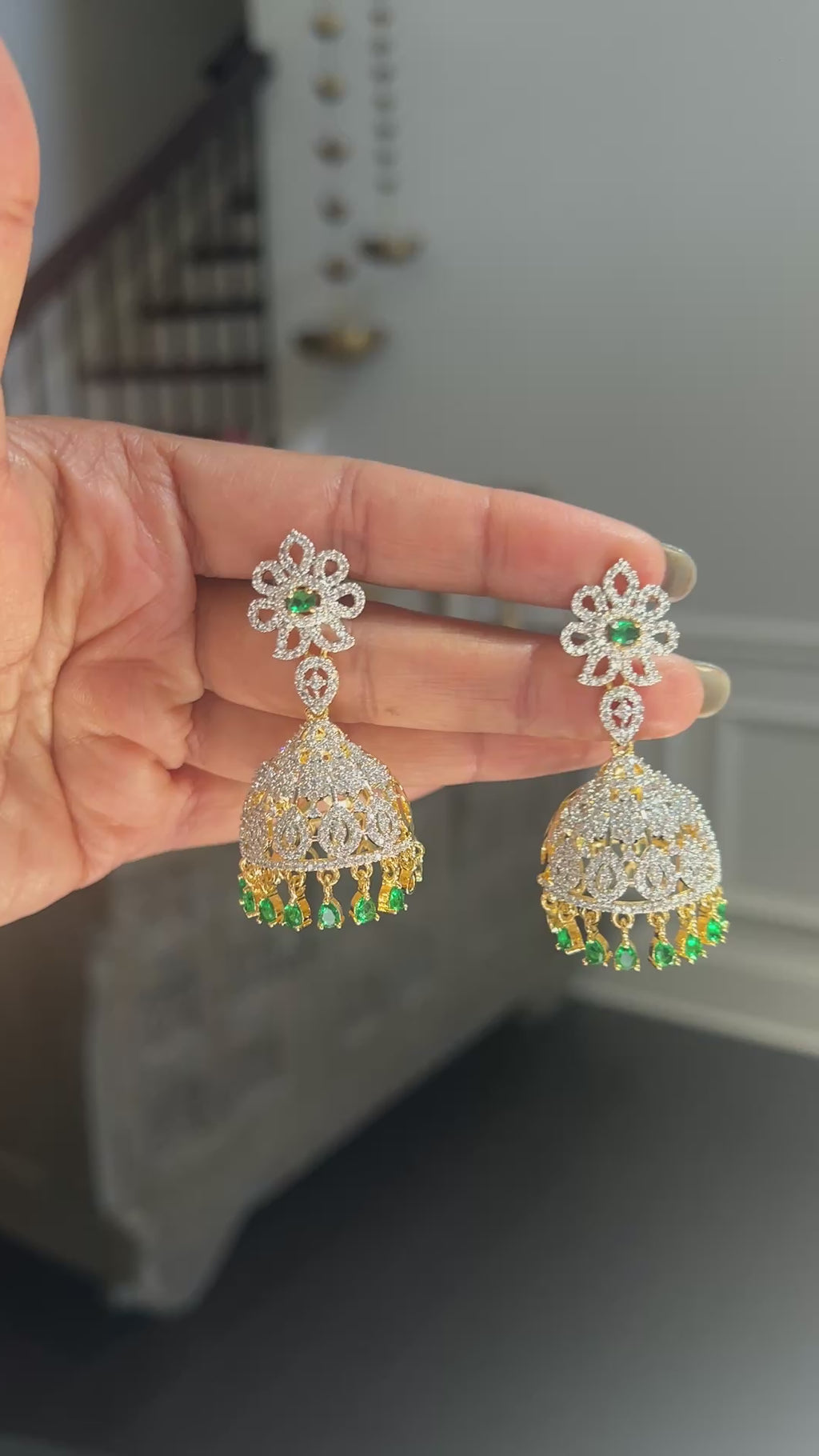 Emerald Green Floral CZ Jhumka Earrings