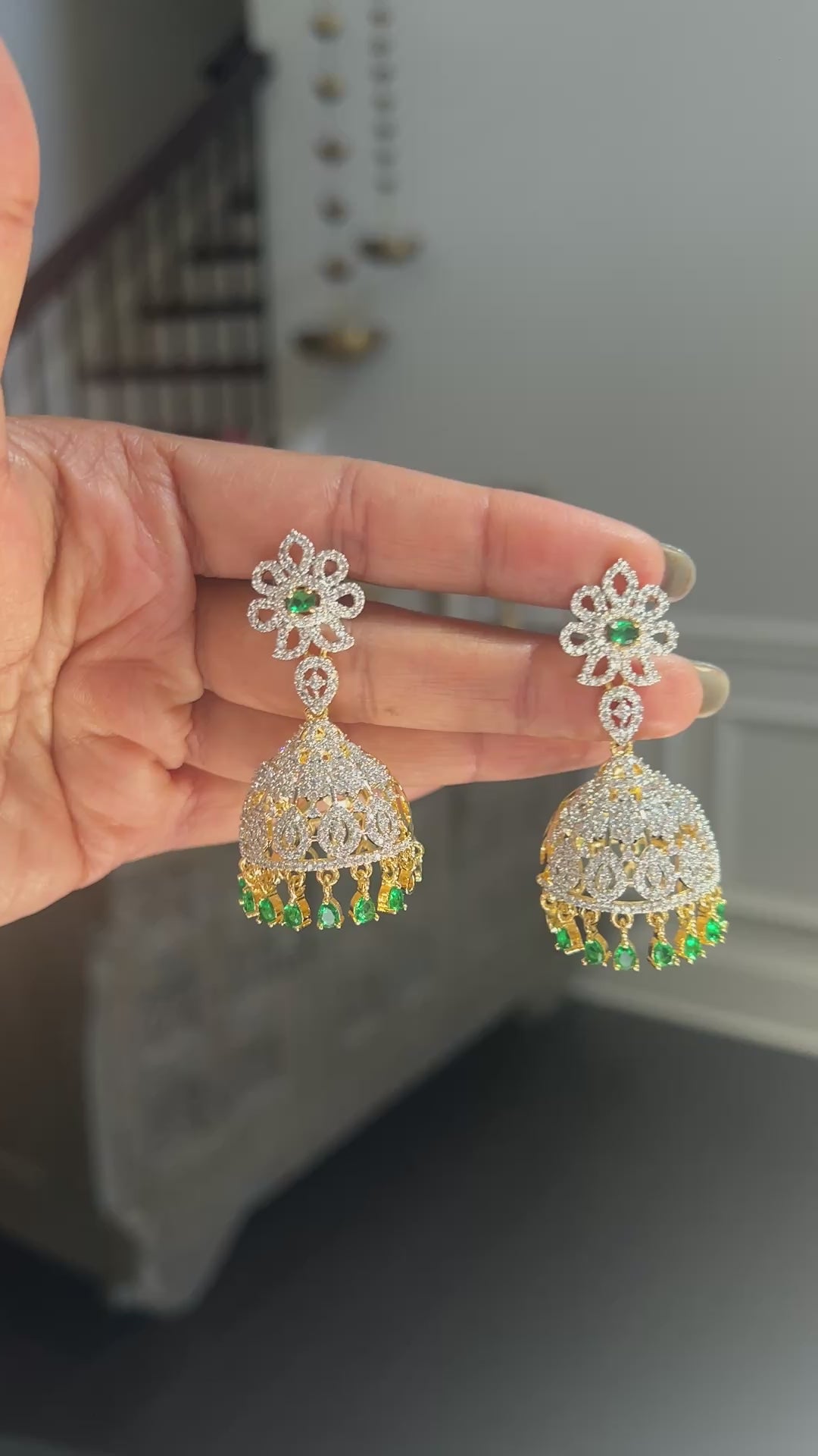 Emerald Green Floral CZ Jhumka Earrings