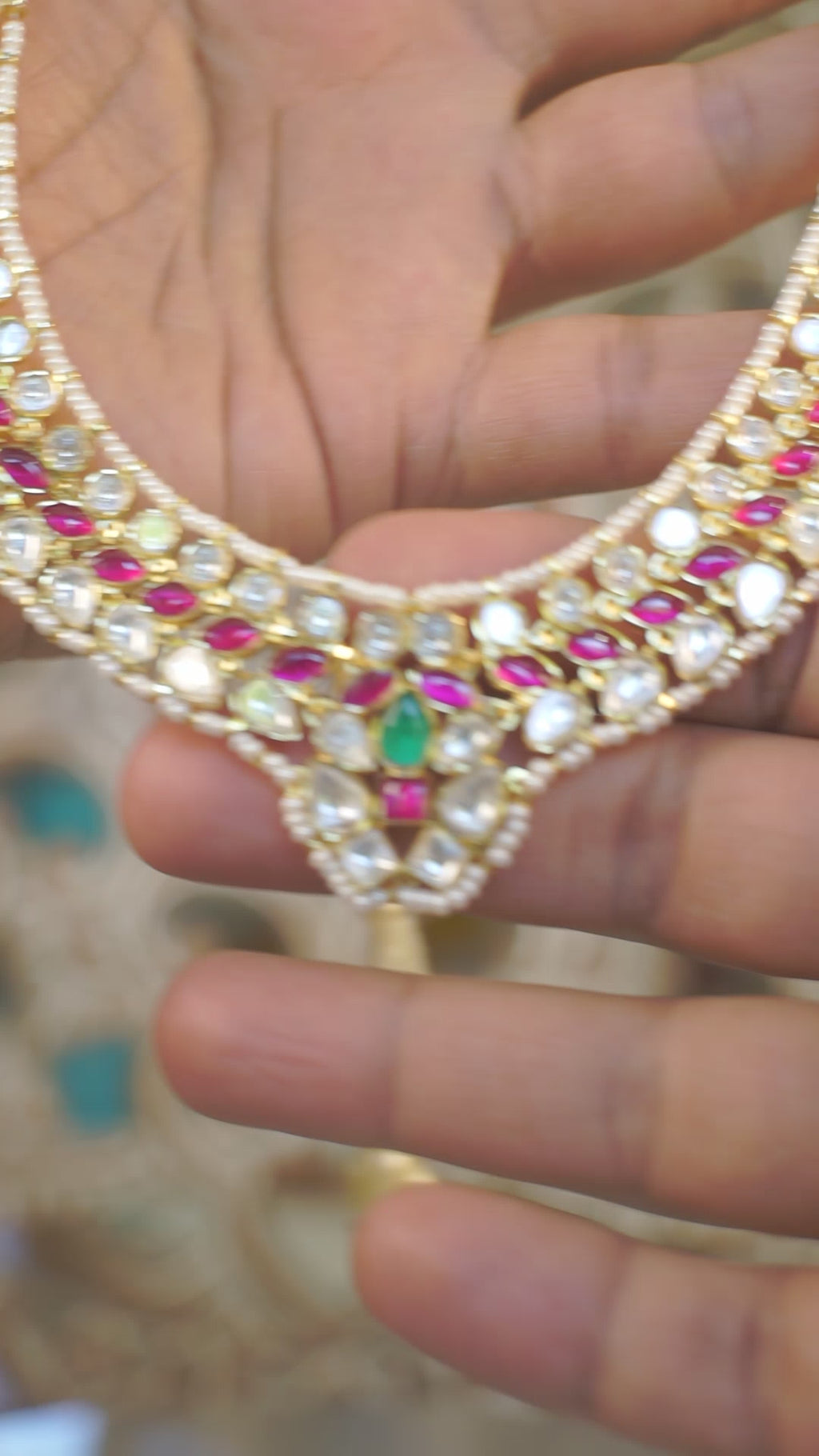 Premium Moissanite Polki Necklace Set – Ruby & Emerald Accents