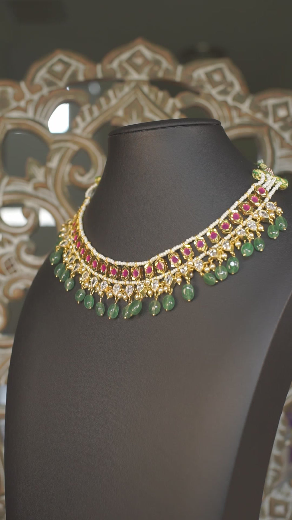 Polki Kundan Choker Necklace with Emerald Green Bead Drops