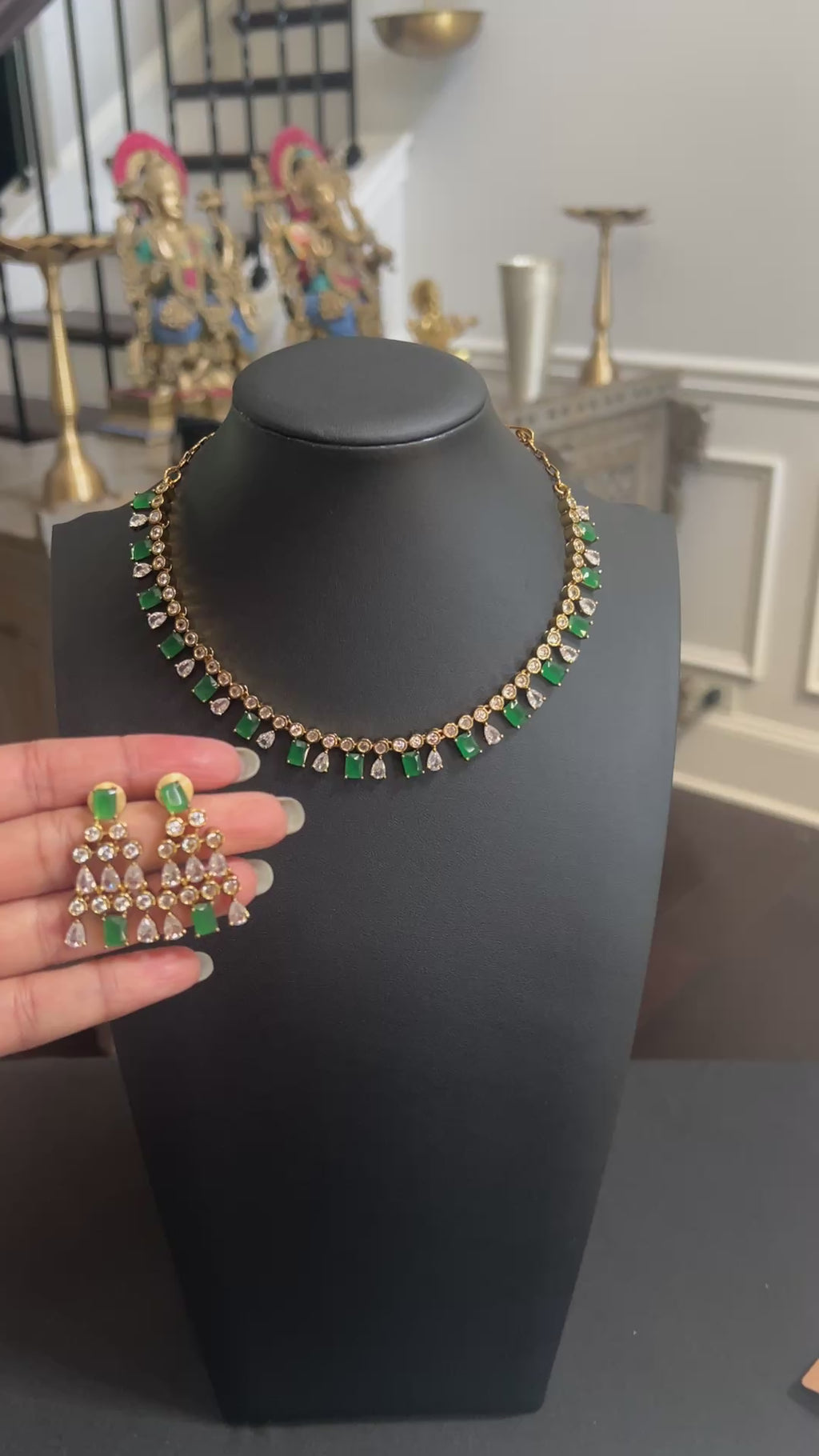 Emerald Green CZ Statement Necklace Set with Matching Earrings