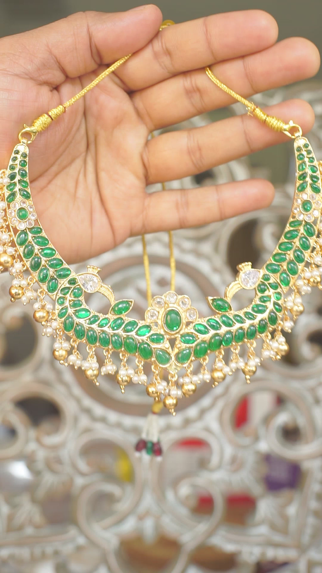 Emerald Green Kundan Choker Set with Pearl Drops