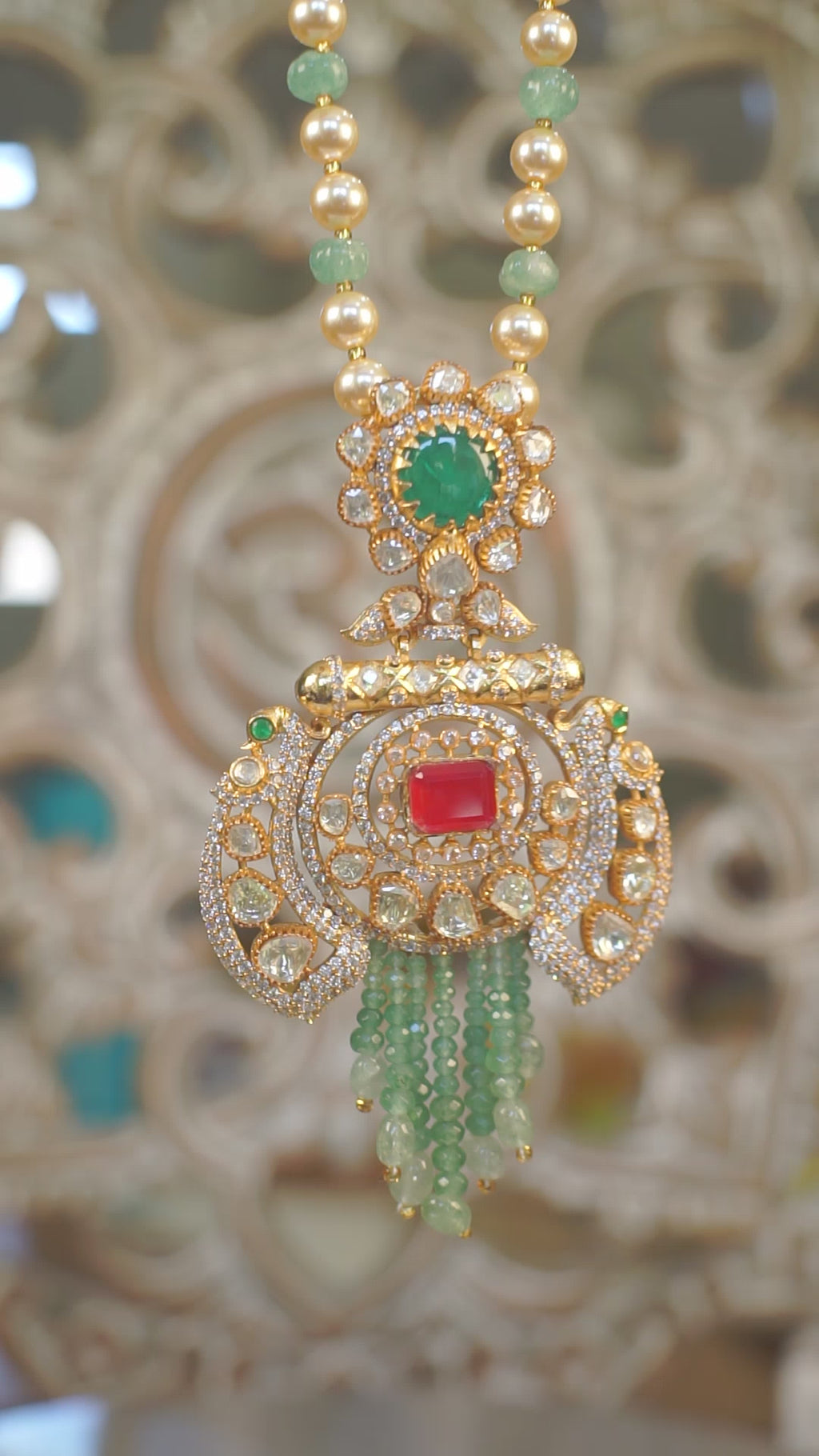 Emerald Green Moissanite Polki Bridal Necklace Set with Statement Earrings | Luxury Indian Wedding Jewelry