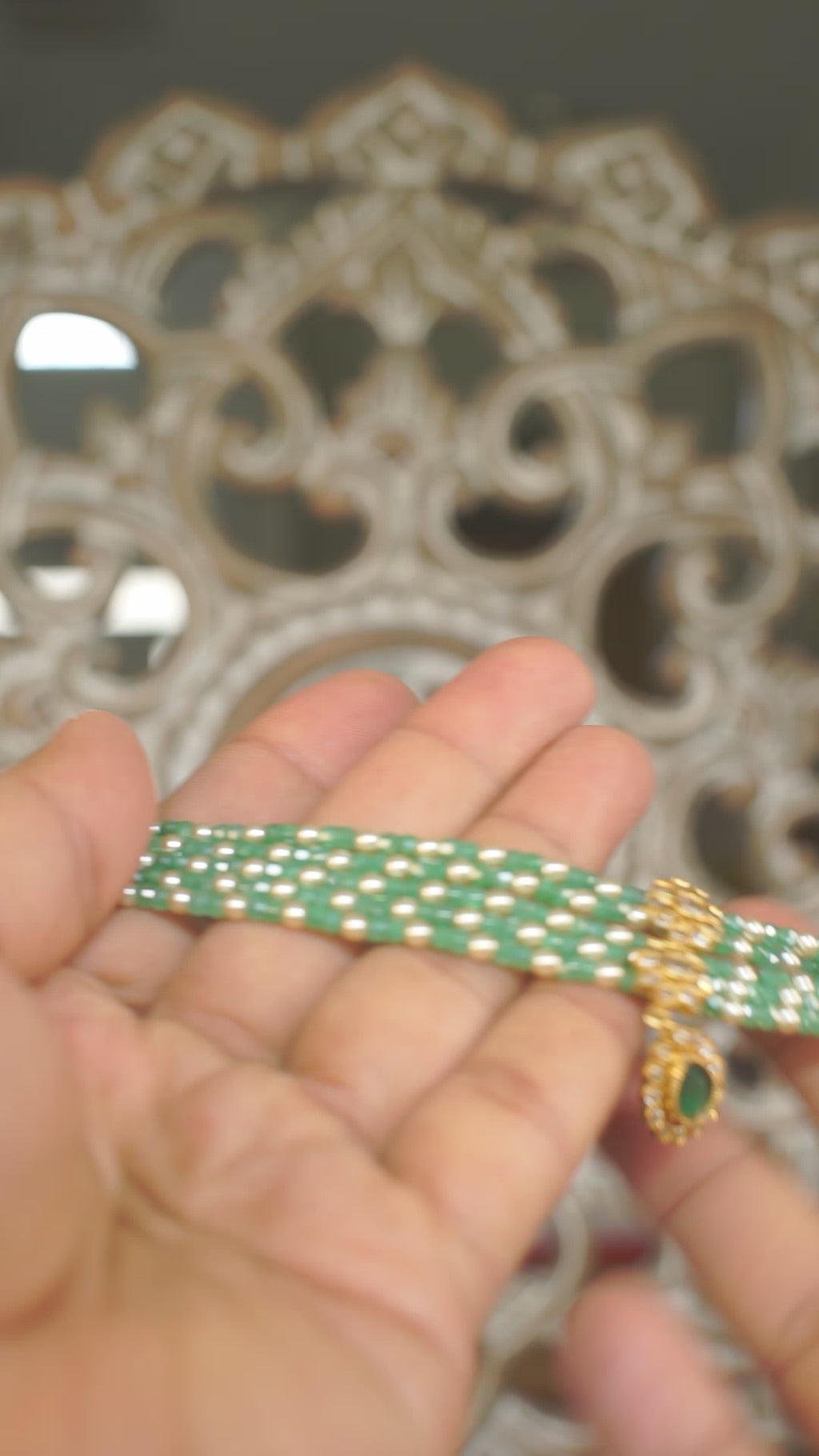 Multi Layer Green Beaded Polki Kundan Necklace Set