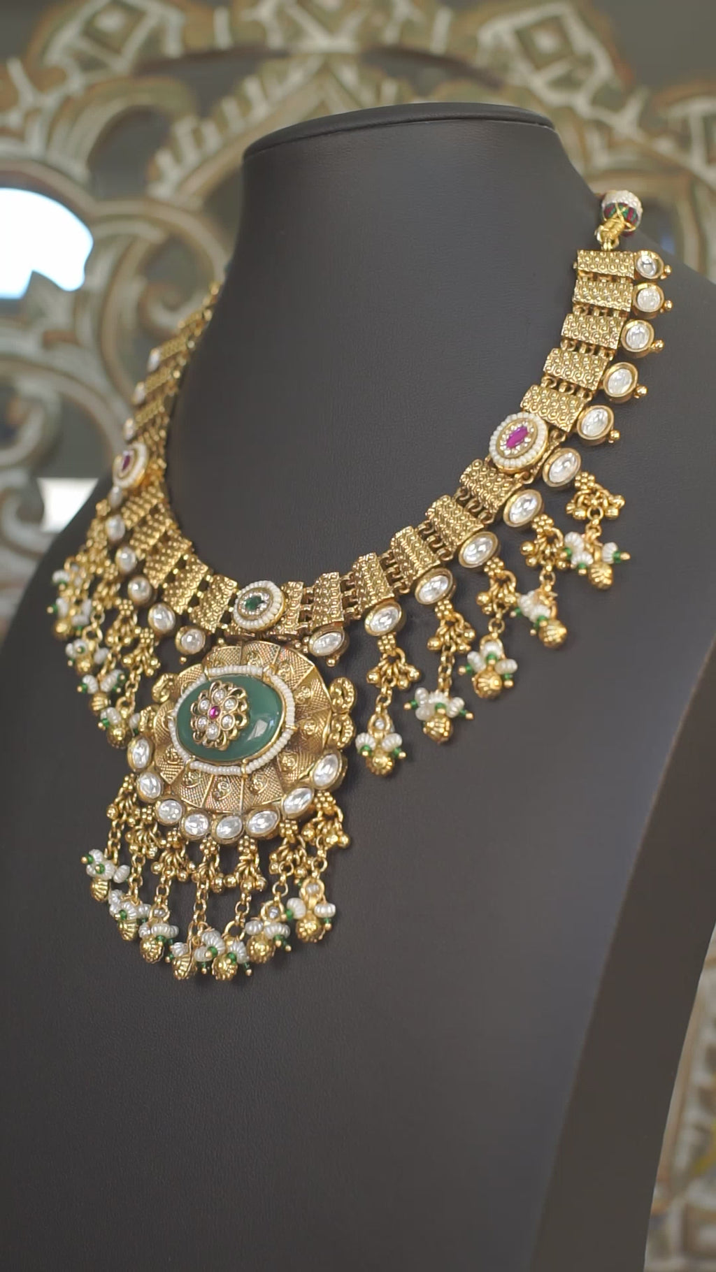 Antique Gold Green Stone Statement Necklace Set | Premium Temple Inspired Bridal Jewelry | Jhumka Earrings Included