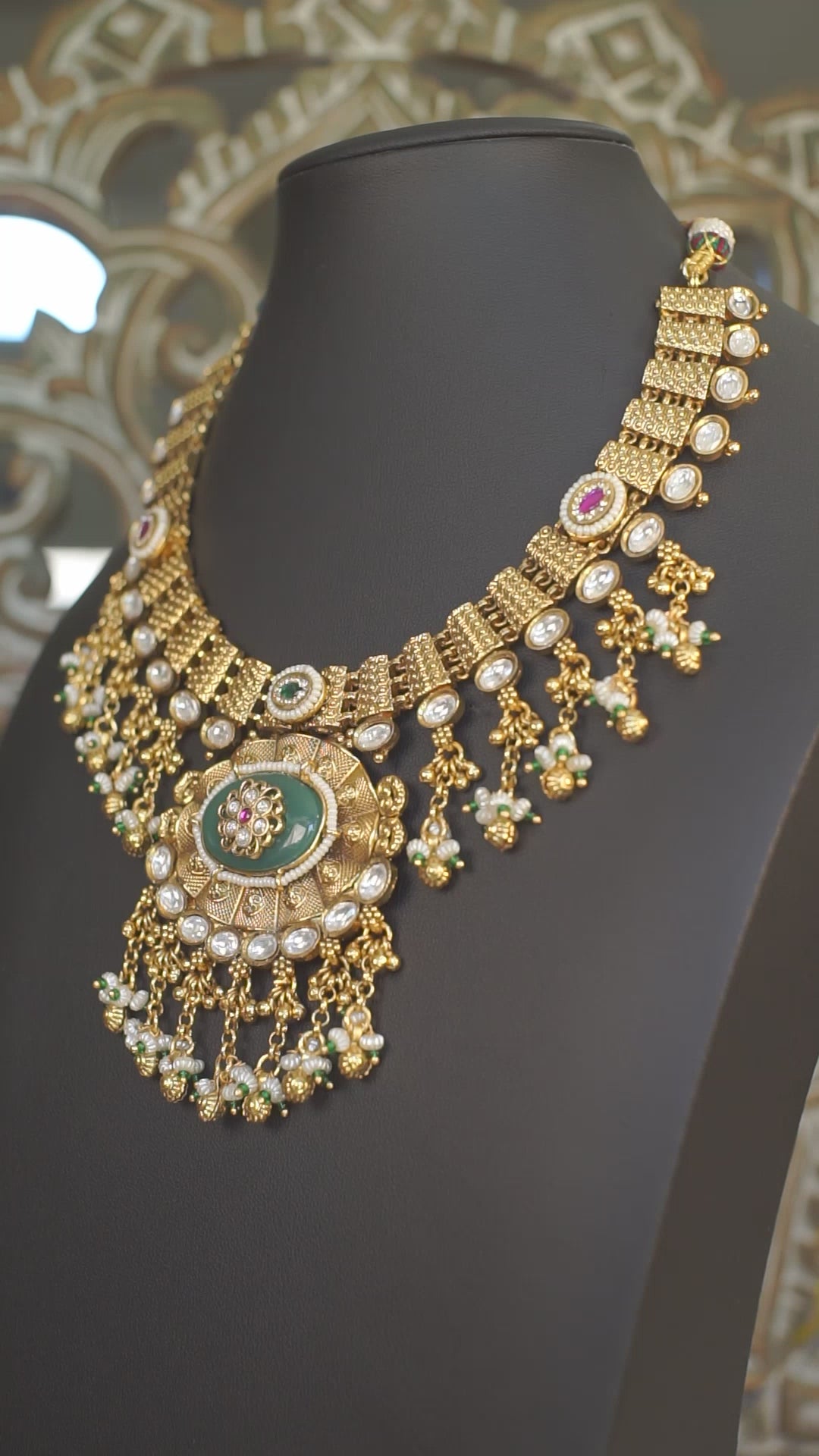 Antique Gold Green Stone Statement Necklace Set | Premium Temple Inspired Bridal Jewelry | Jhumka Earrings Included