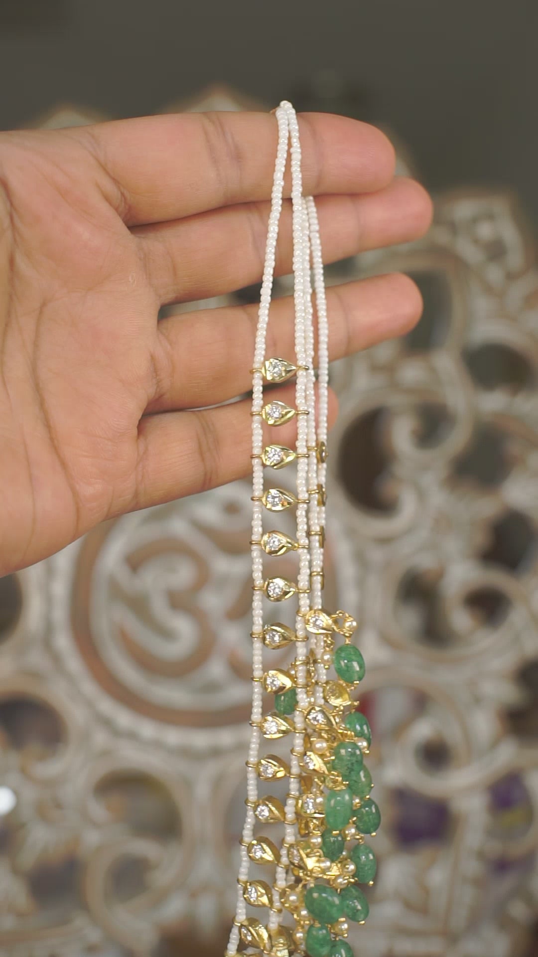 Layered Polki Choker with Emerald Green Bead Drops