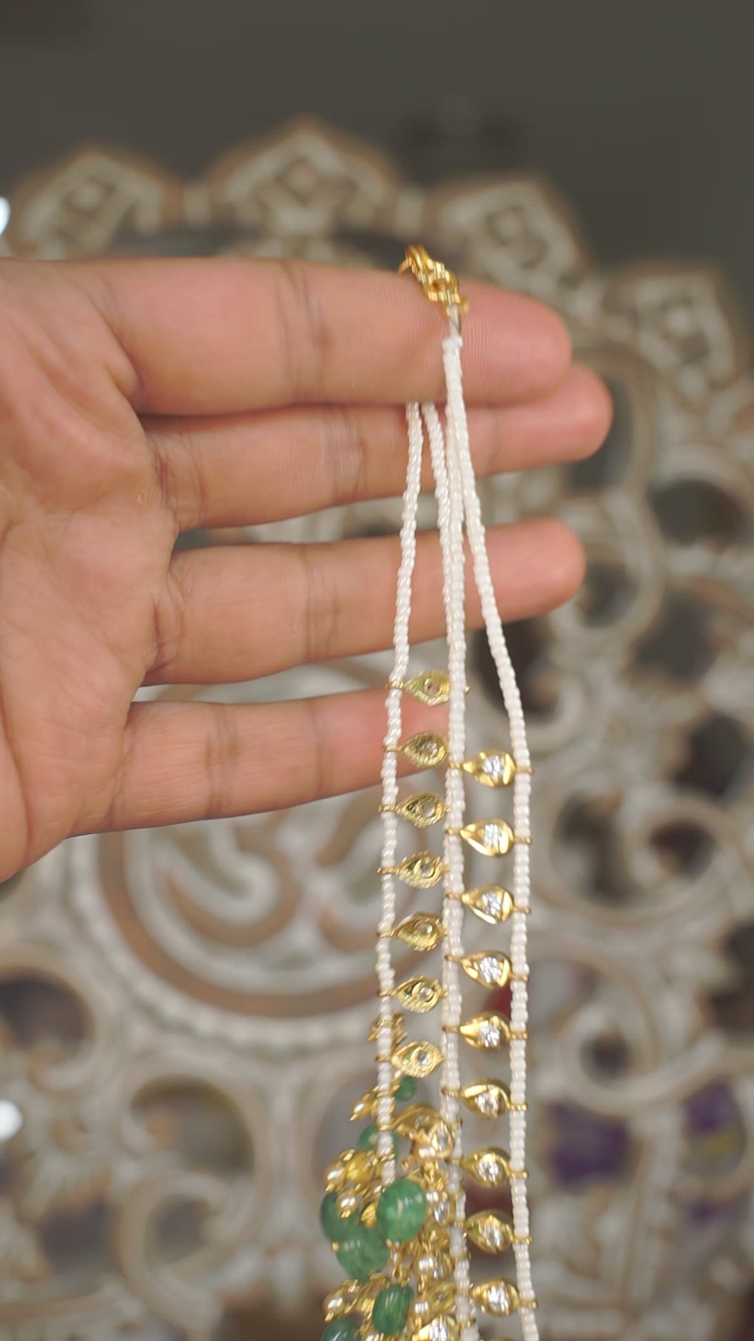 Layered Polki Choker with Emerald Green Bead Drops
