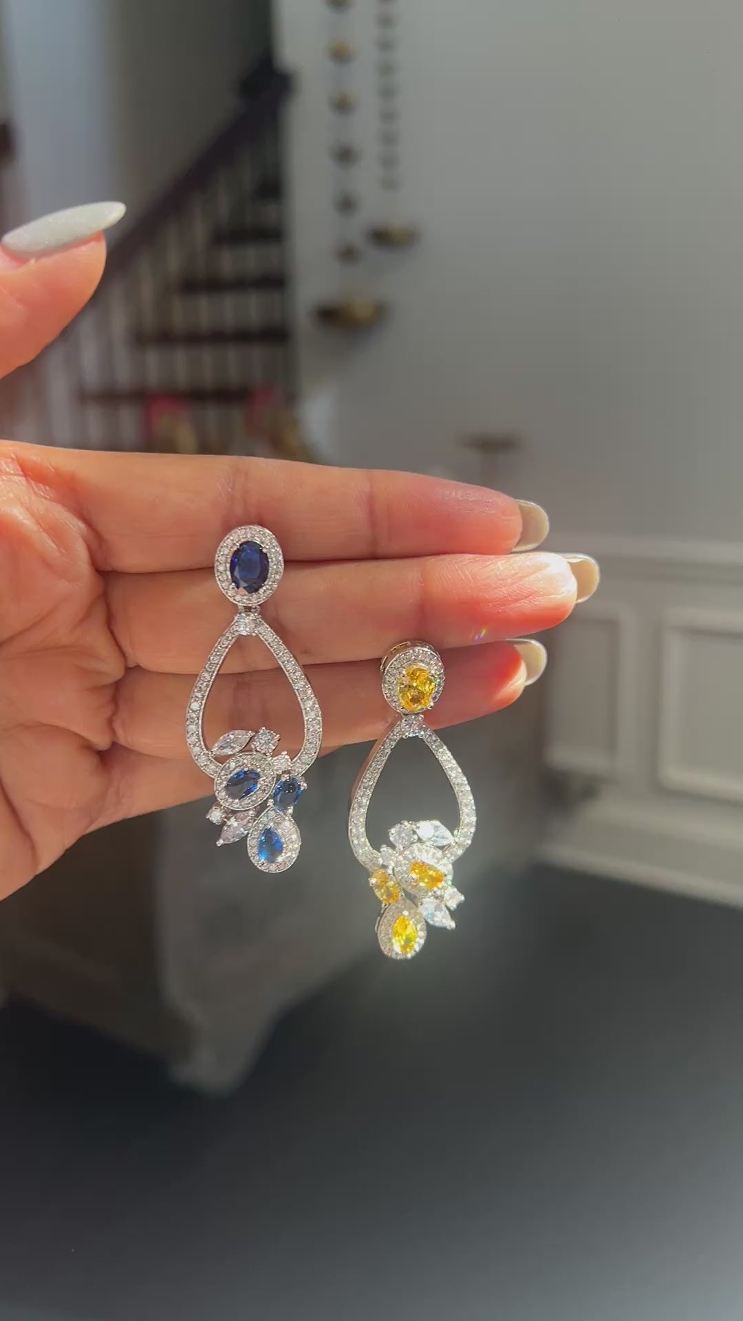 Sapphire Blue CZ Floral Drop Earrings