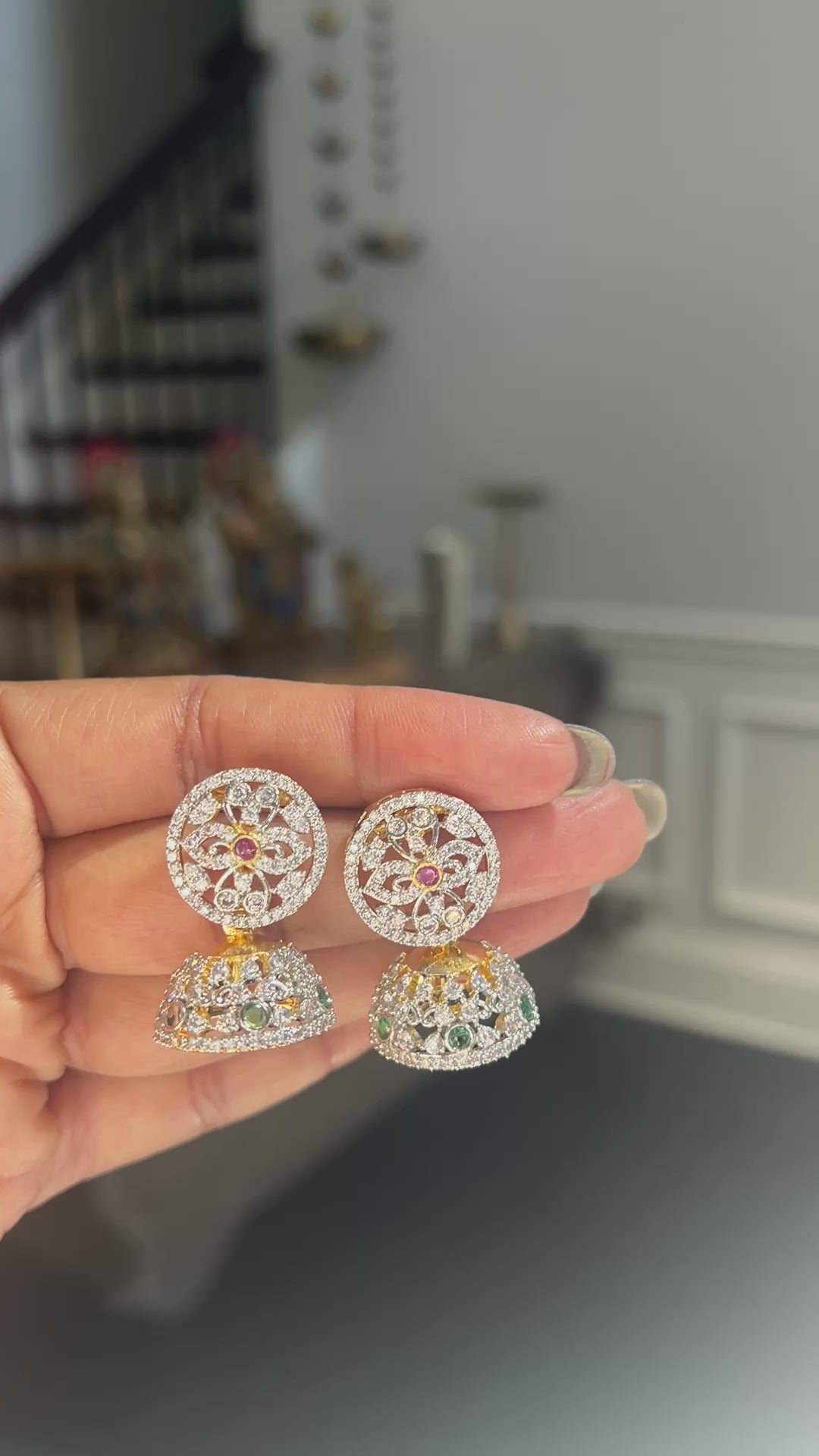 CZ Floral Dome Jhumka Stud Earrings
