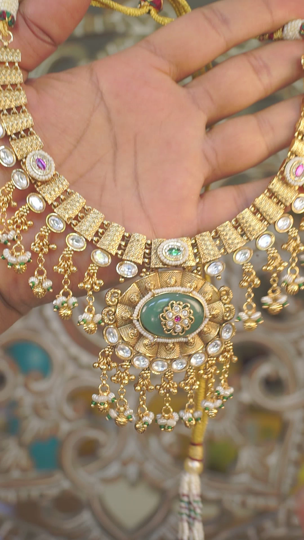 Antique Gold Green Stone Statement Necklace Set | Premium Temple Inspired Bridal Jewelry | Jhumka Earrings Included