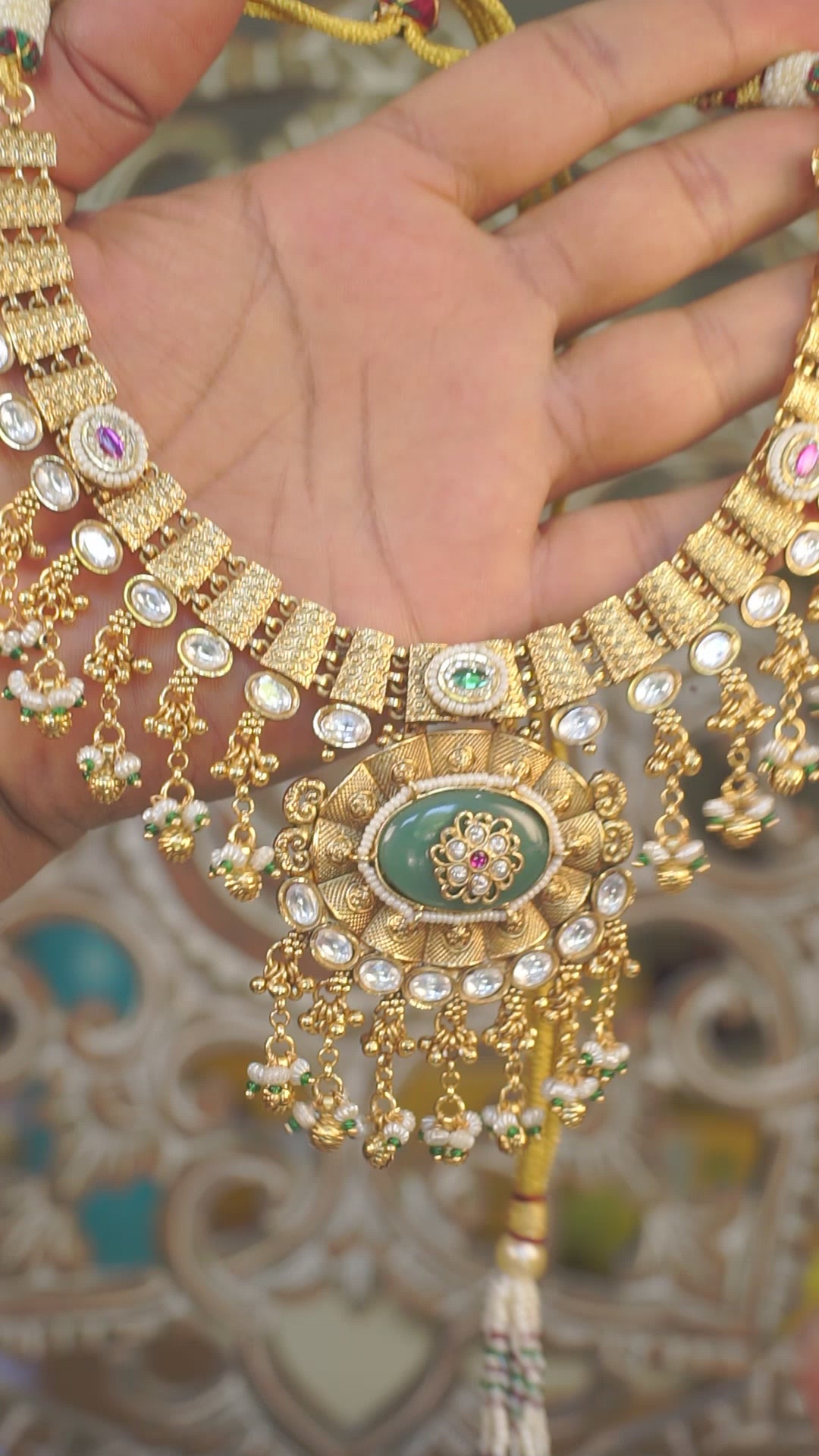Antique Gold Green Stone Statement Necklace Set | Premium Temple Inspired Bridal Jewelry | Jhumka Earrings Included